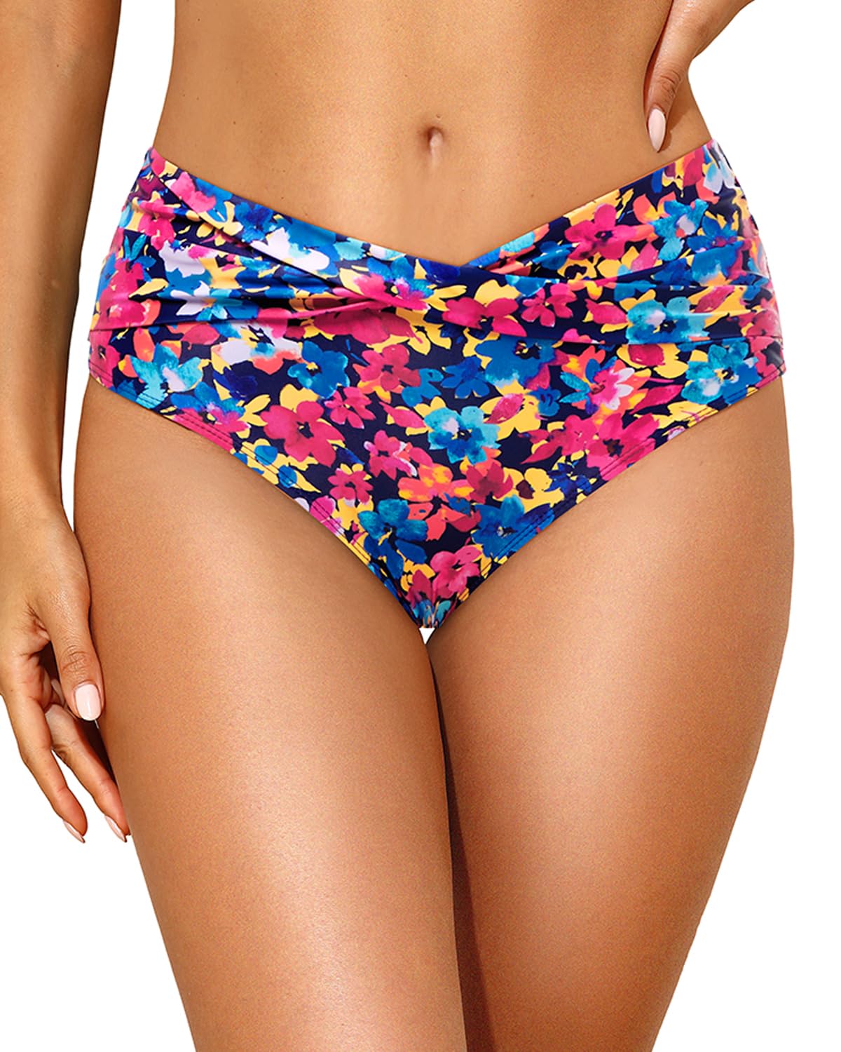 Tempt Me Women Mid Waist Bikini Bottoms - V Cut Bathing Suit Bottoms Twist Front Swimsuit Bottoms Ruched Swimwear 2025