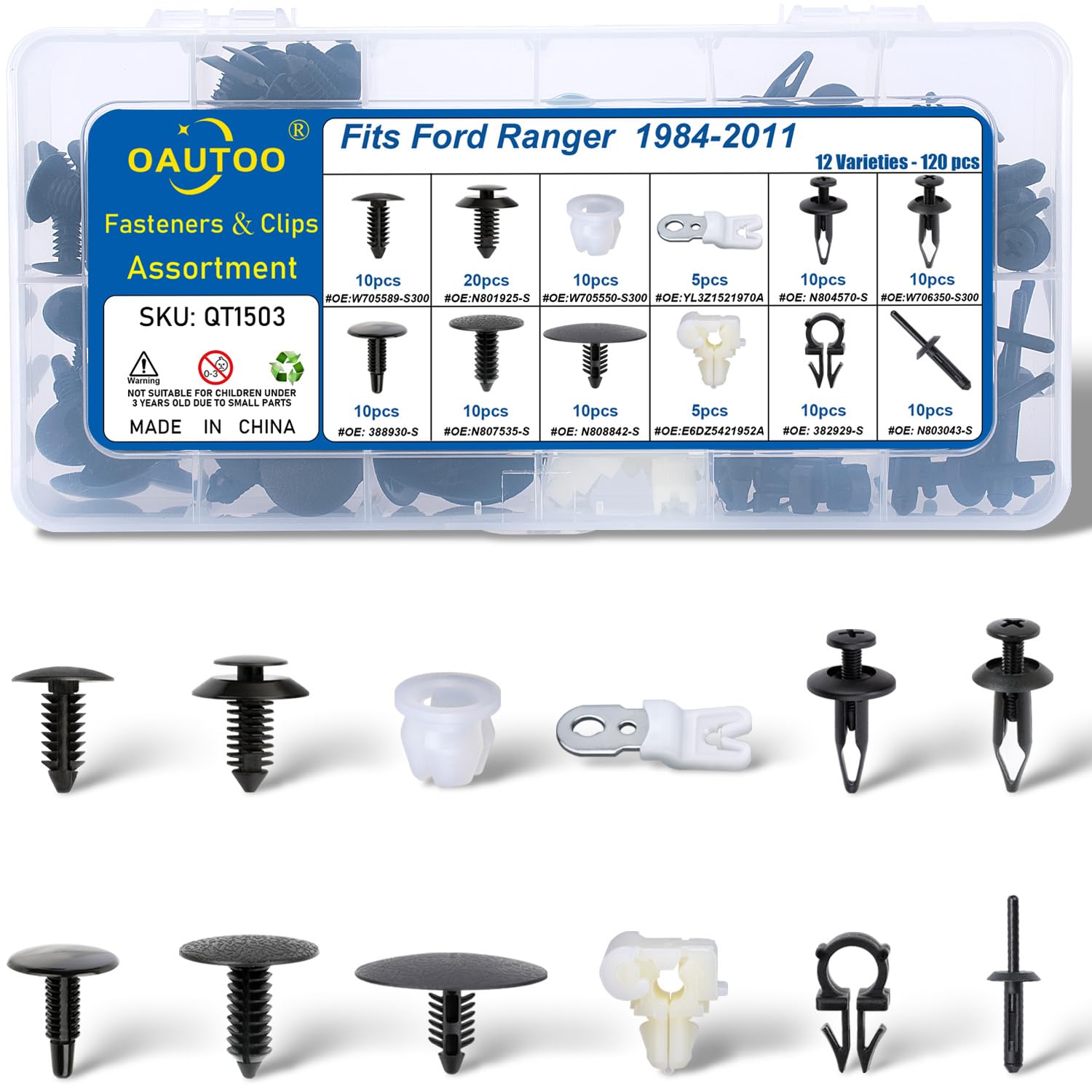 OAUTOO 120pcs fits Ford Ranger 1984-2011 Auto Body Interior and Exterior Retainer Fastener Clip Assortment