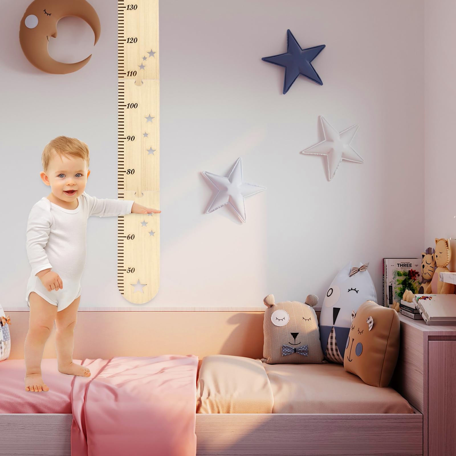 Metro da Parete in Legno per Bambini 50-180cm con Incisioni Delicati, Fissaggio Facile, Sacchetto di Stoccaggio in Tela (27x42 cm)