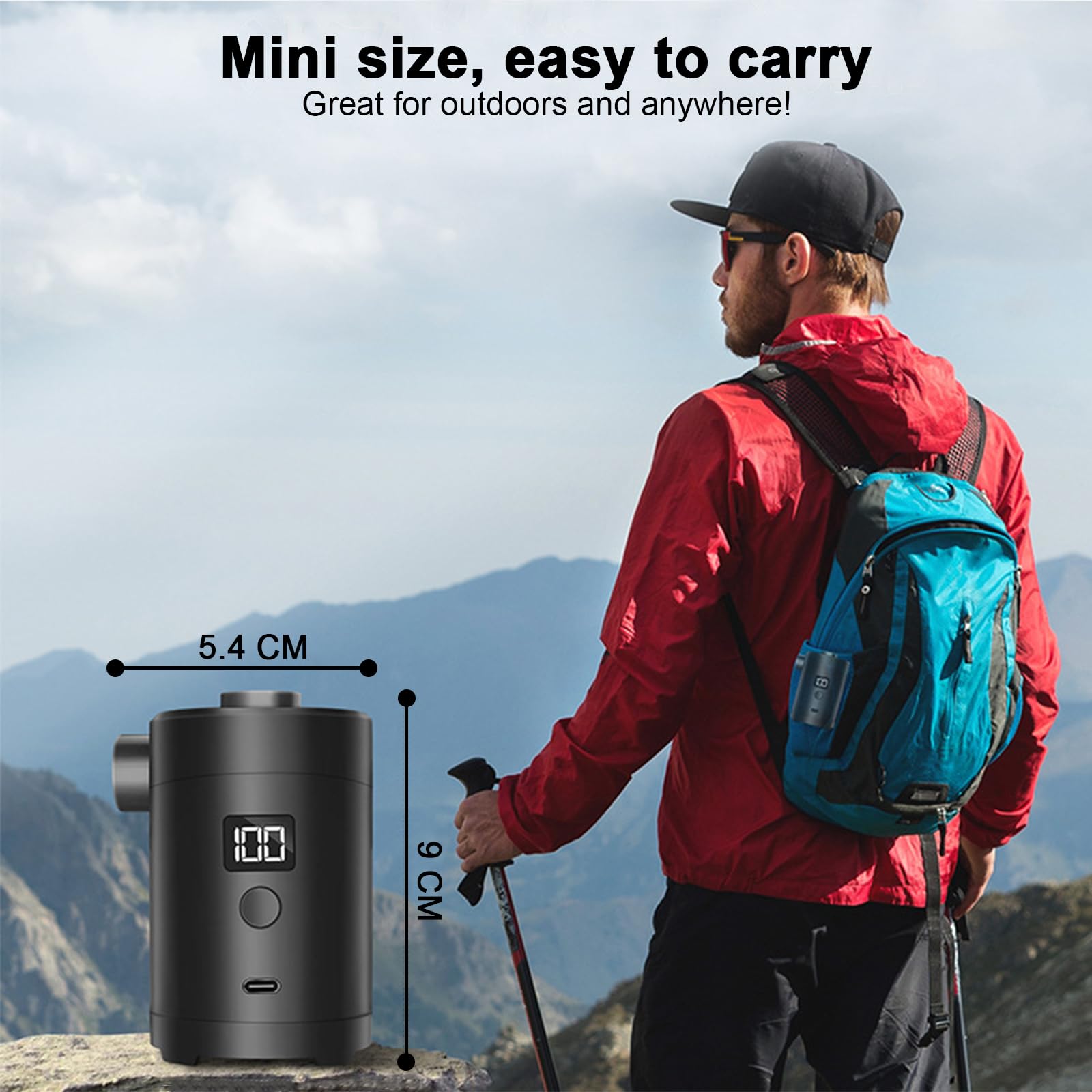 Pompa do Napełniania Powietrza, Wbudowany Akumulator USB 280L/min - 3600mAh Wysoka Pojemność, 4 Dysze, Cyfrowy Wyświetlacz, Przenośna Mini do Materace Dmuchanych i na Kemping