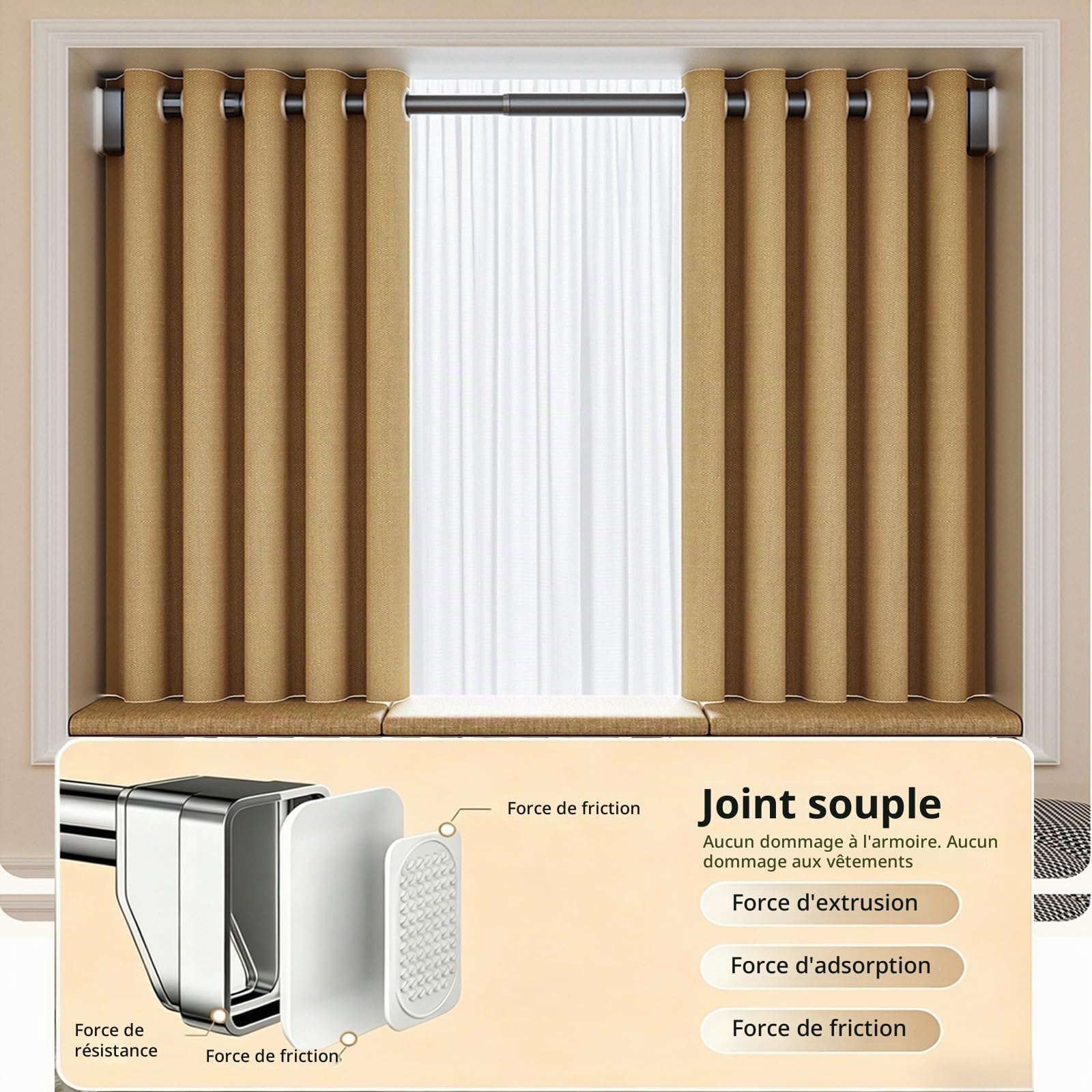 Tringle À Rideaux Sans Perçage Barre De Rideau Extensible 3m 4m 5m Tringle Rideaux En Acier Inoxydable Tringle Télescopique Pour Penderie Cintre Salle De Bains Balcon Ø 33 Mm(Gris,410-500cm)