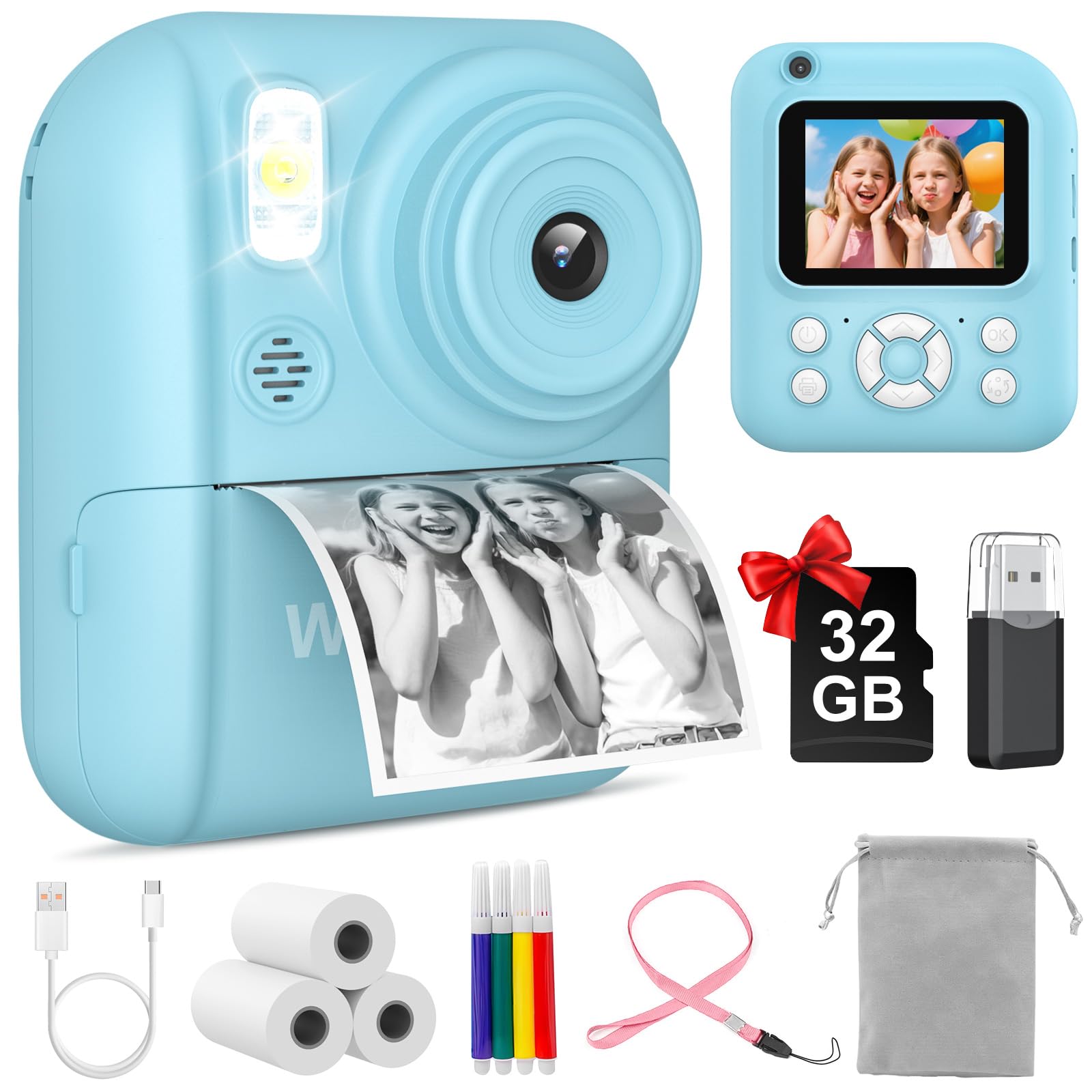 Sofortbildkamera Kinder 2.5K mit 32GB Karte & Druckerpapier, Vorder- und Rückkamera, Geschenk für Jungen Mädchen 3-12 Jahre (Blau)