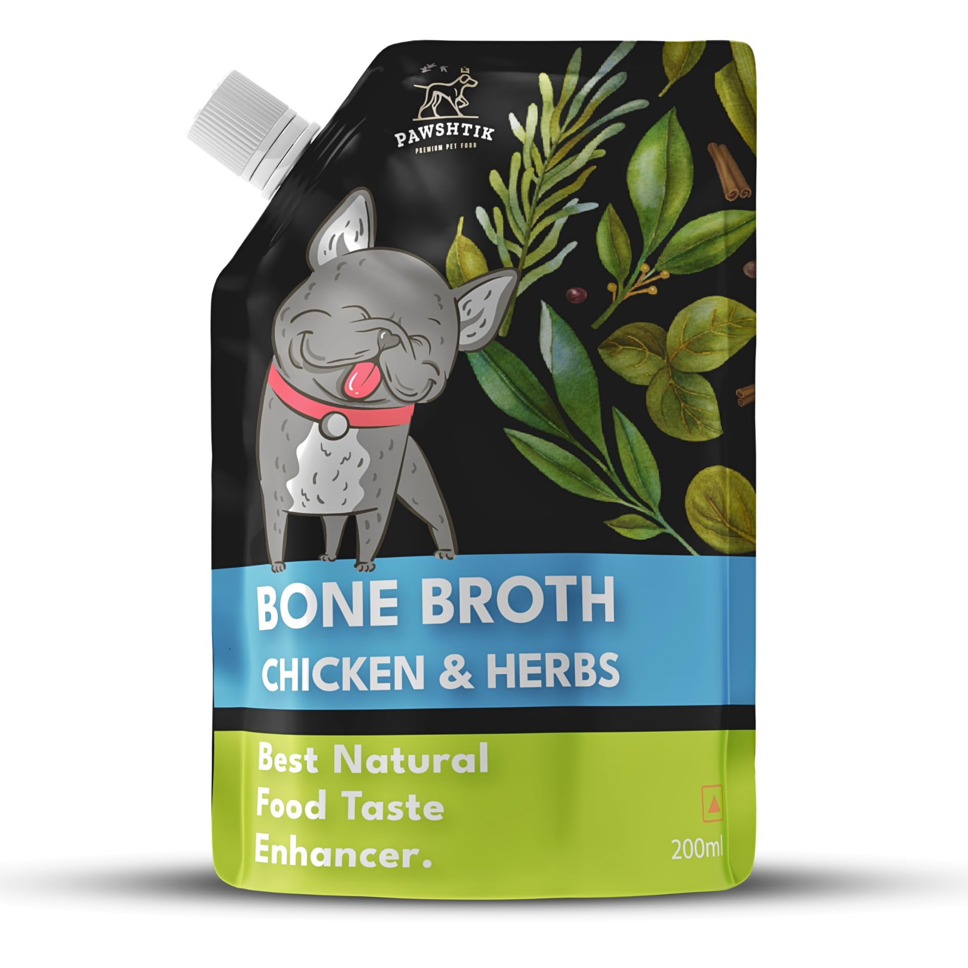 Pawshtik Liquid Bone Broth Food Topper for Dogs & Cats - Organic Chicken & Herbs with Turmeric & Rosemary, 200ml - Natural Collagen & Protein for Joint, Skin, Gut Support - Dog Wet Food Topper