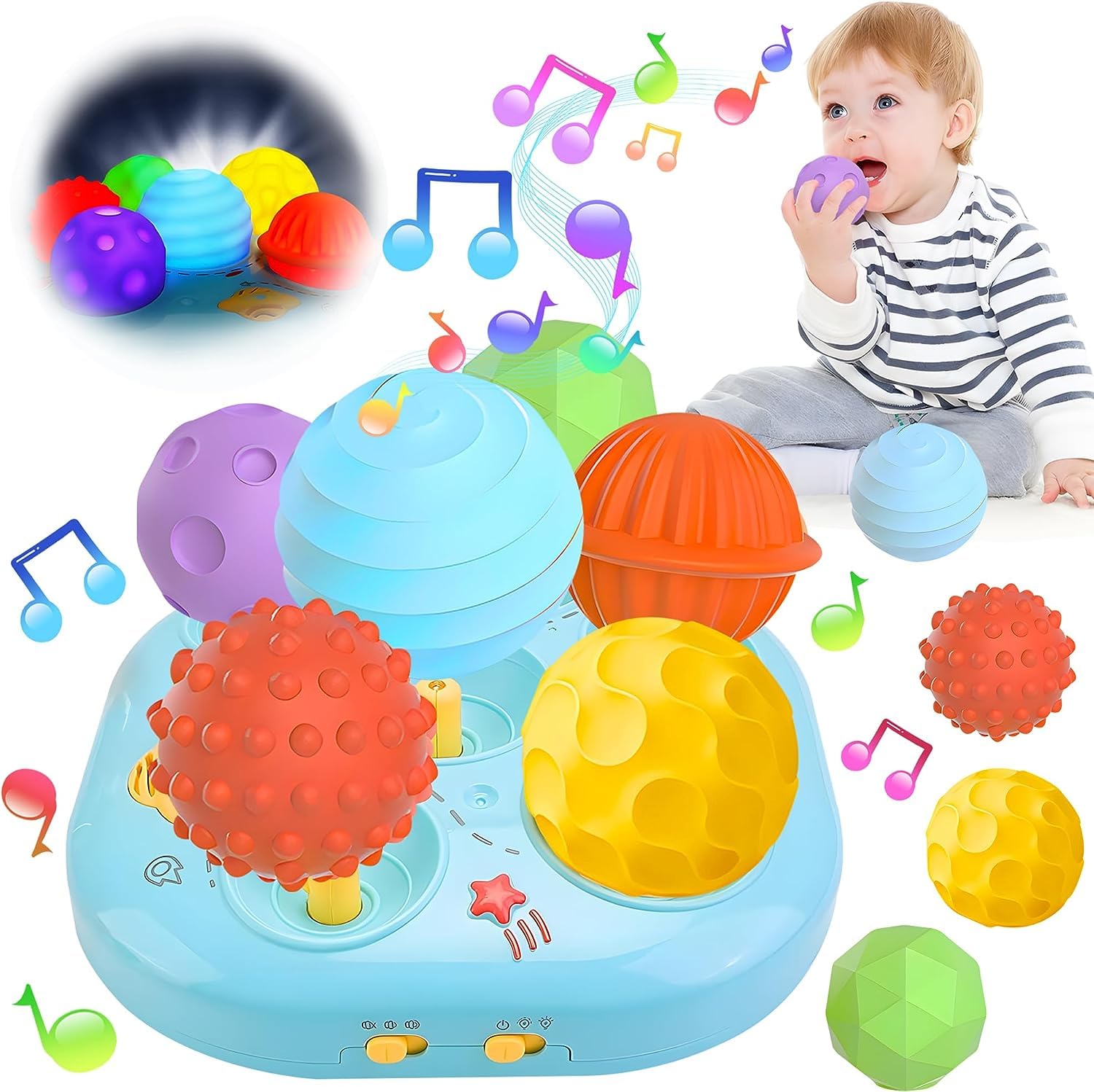 AM ANNABaby Musical Light Up Toys, Baby Toys 6 to 12 Months with Sensory Balls,White Noise Baby Crib Soother Music Toy,Montessori Fine Motor Skills Tummy Time for Babies 12-18 Months