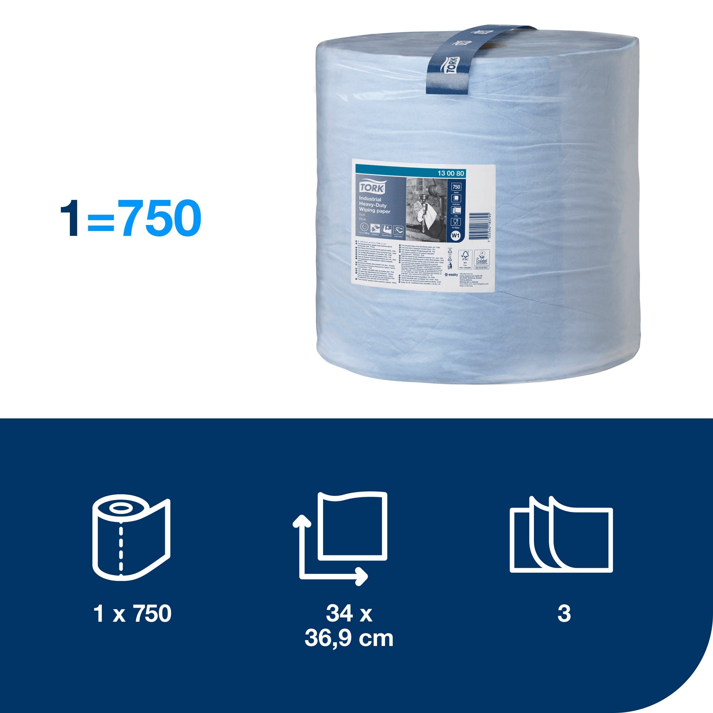 Tork 130080 Carta ultraresistente per asciugatura industriale QuickDryPremium, compatibile con il sistema W1 (da terra o da parete), 3 veli, 1 conf. x 1 rotolo (1 x 255 m), colore blu
