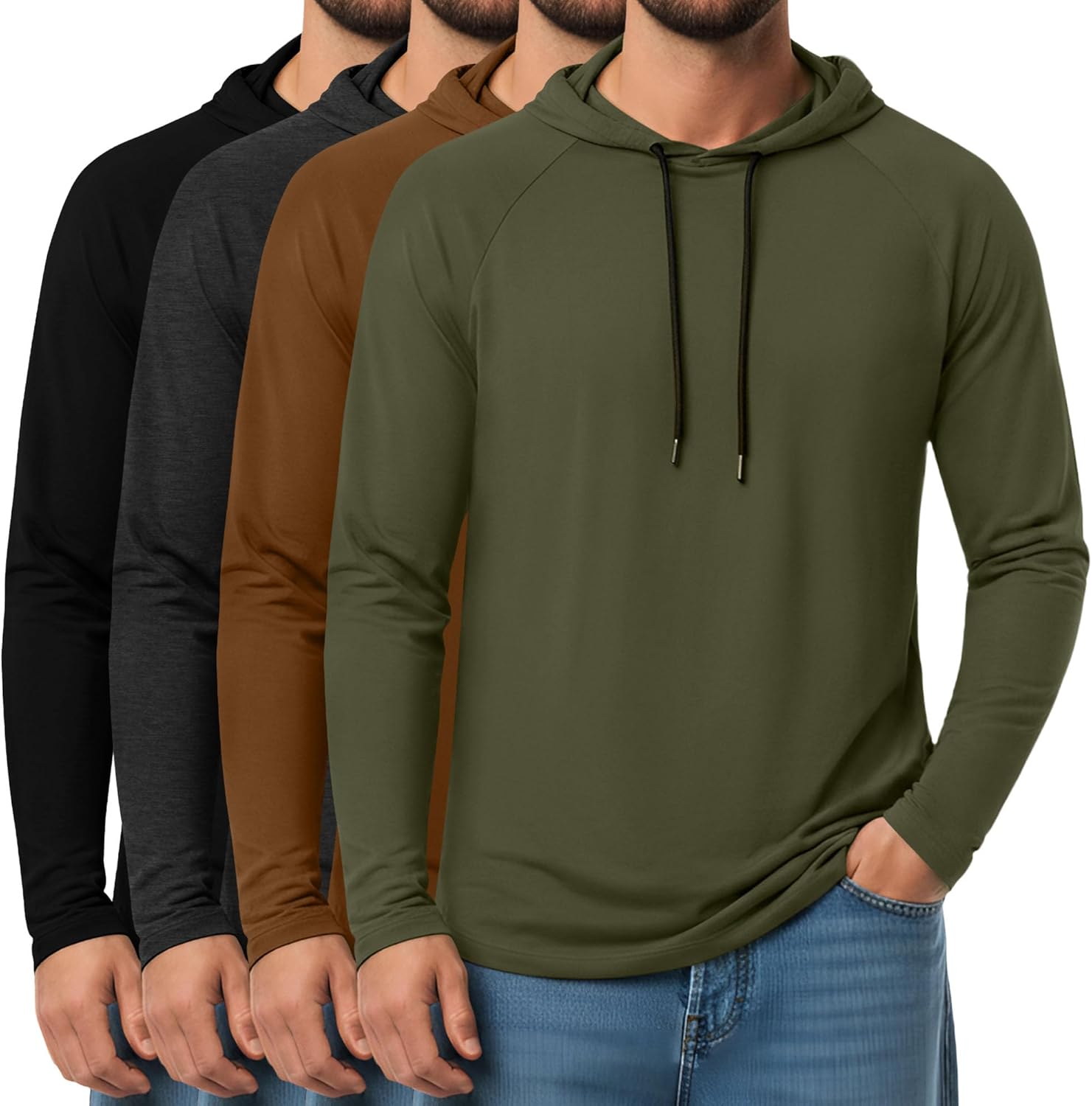 August Alley 4 Pack Mens Big and Tall Hoodies Sweatshirt Long Raglan Sleeve Casual Pullover Drawstring Workout Athletic Shirt