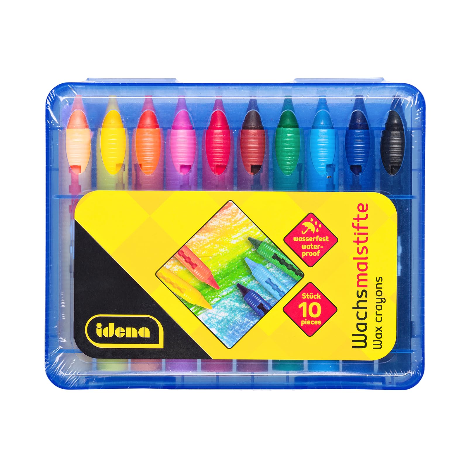 Idena 20218 Wax Painters in Sliding Sleeve with Plug-In Function, Pack of 10 Bright Colours, Waterproof Wax Crayons in Resealable Plastic Box, for Children from 3 Years