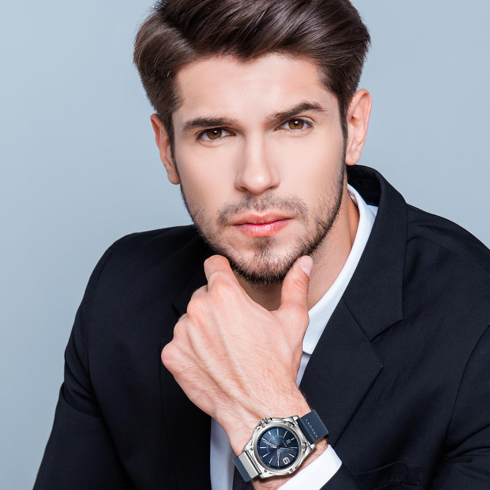 JewelryWe Męski zegarek kwarcowy, analogowy zegarek na rękę, 30 m, wodoszczelny, skórzany pasek z kalendarzem i świecącymi wskazówkami, prezent dla mężczyzn i chłopców, Typ 2-2 szt. (czarny+niebieski