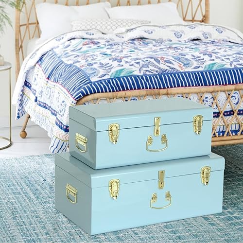 Miniatura 7 de Vixdonos Juego de 2 cajas de almacenamiento decorativas de metal para dormitorio universitario con asa (azul claro)