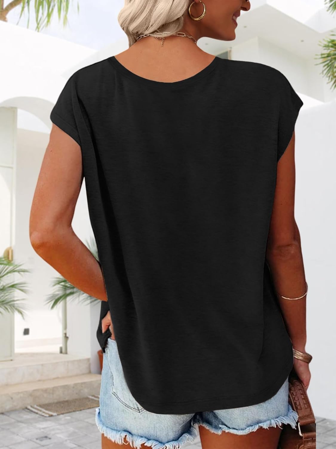 Anbech Cap Sleeve Tops Women Graphic V Neck Shirt Solid Print Casual T-Shirts - Image 2