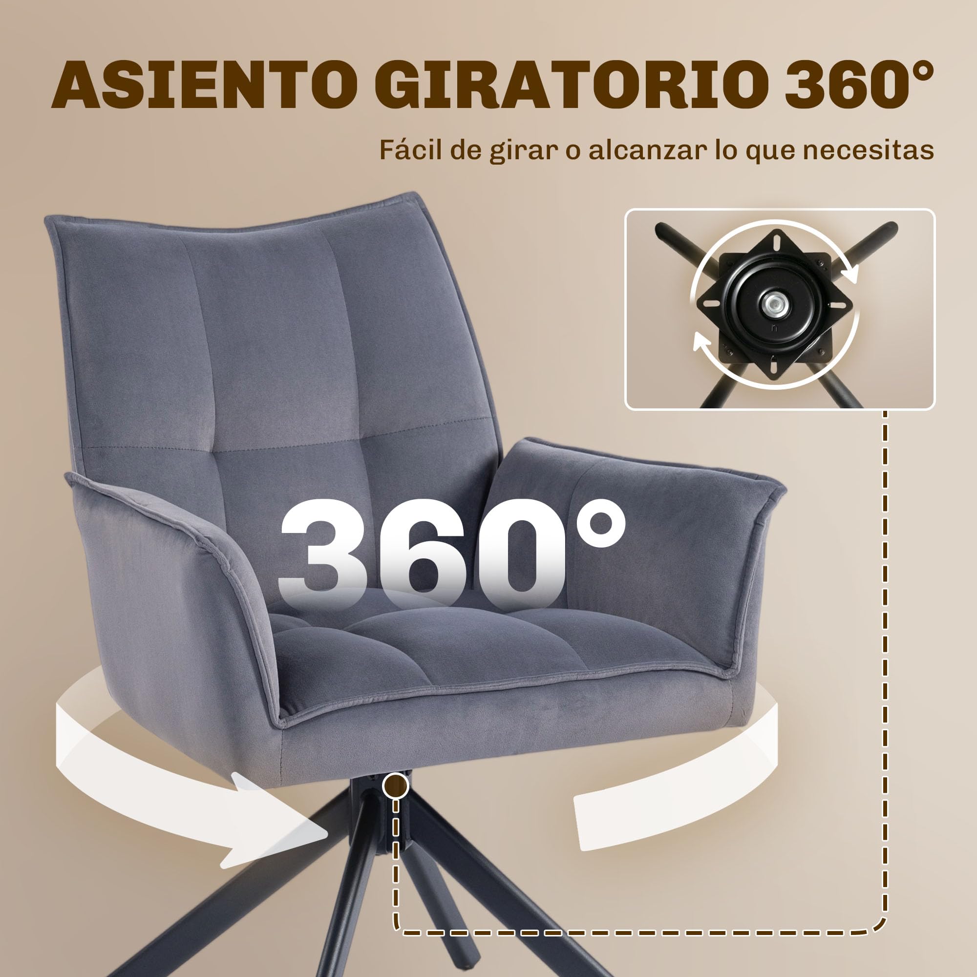 HOMCOM Juego de 2 Sillas de Comedor Giratorias 360° con Reposabrazos Gris | Sillas de Cocina, Respaldo Acolchado, Tapizado en Terciopelo, Patas de Acero, para Oficina, Conferencia, Sala de Estar