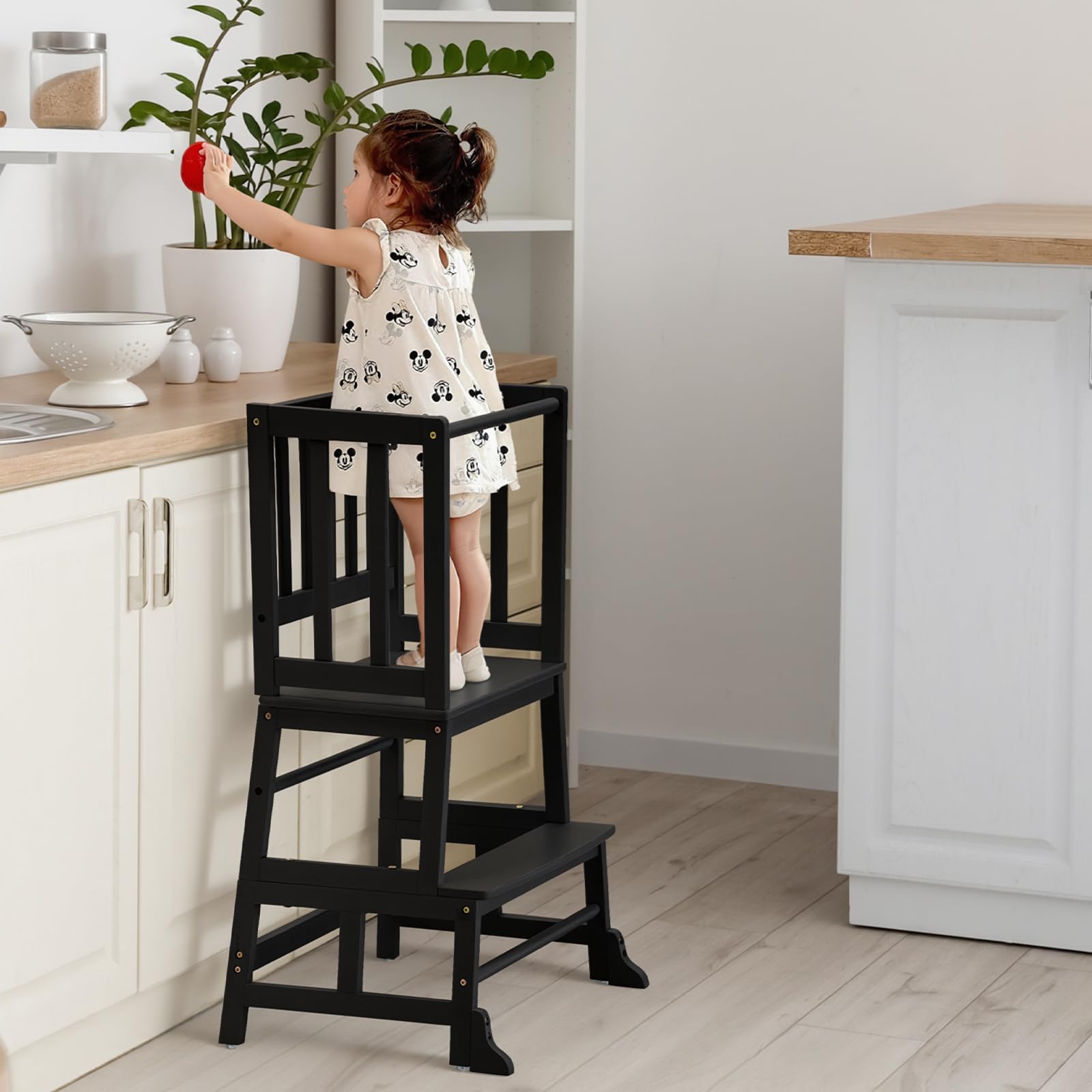 COSYLAND Toddler Kitchen Step Stool Tower - Kids Nursery Step Stool Standing Tower for Kitchen Counter - Solid Bamboo Mothers' Helper Kids Learning Stool (Black)
