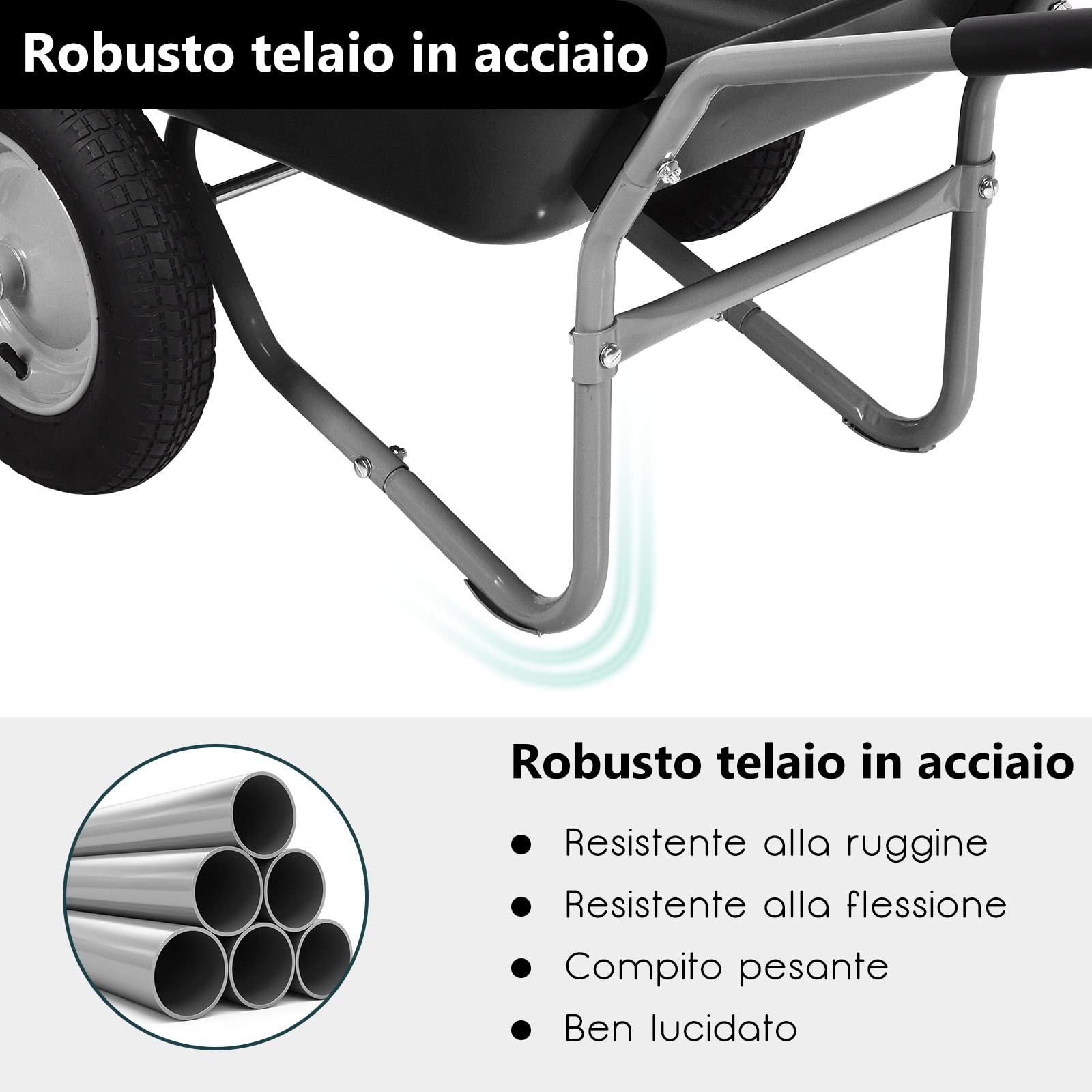 COSTWAY Carriola con 2 Ruote da Giardino, Carrello Resistente con Struttura in Acciaio Robusto, Ruote Pneumatiche 35,5 cm, Capacità 75L, Portata Max 100 kg (Nero)