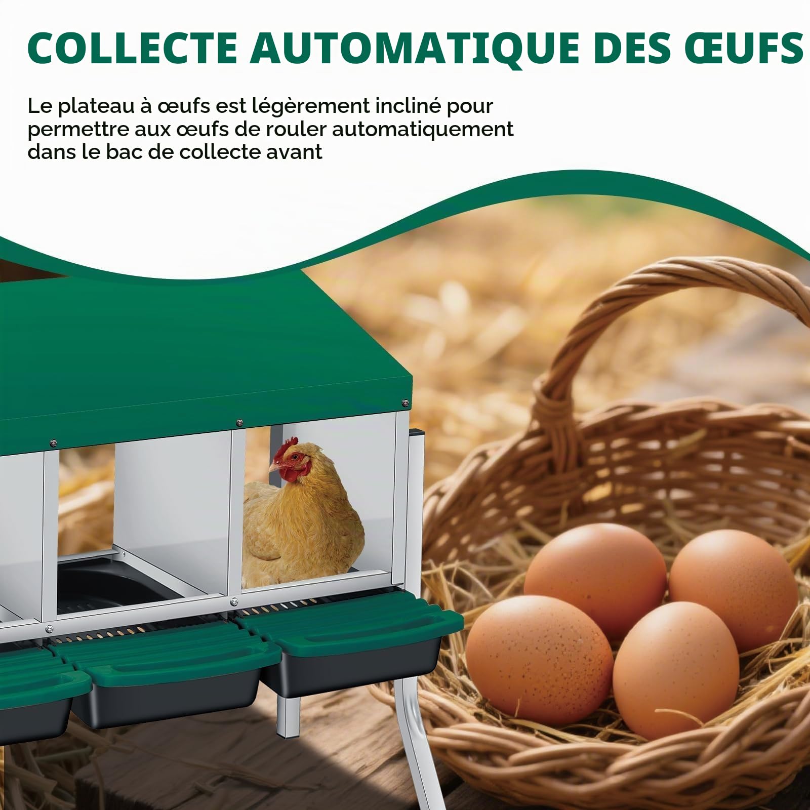 Pondoir à œufs Roulant 3 Compartiments, Métal Galvanisé, Toit Ventilé, Bac Amovible, pour Poulailler Et Basse-Cour