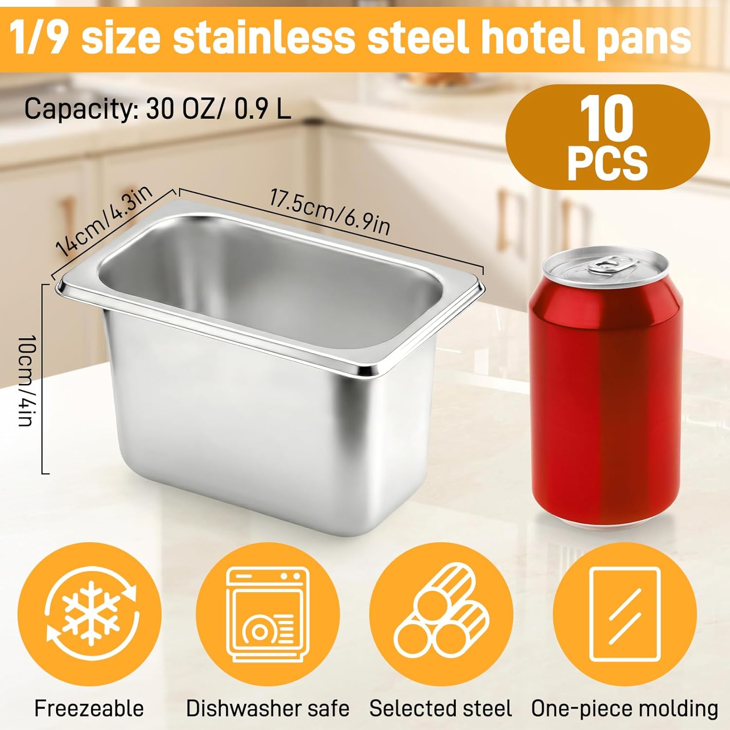 10 Pack Hotel Pans, 1/9 Size 4 Inch Deep Stainless Steel Steam Table Pan Commercial Metal Food Warmer Restaurant Catering Tray for Hotel, Home, Party, Restaurant, Buffet