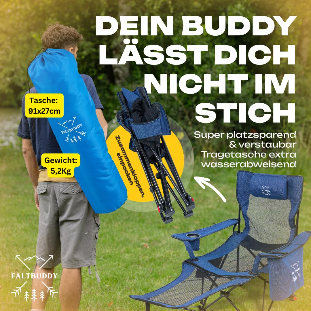 faltbuddy campingstuhl Foldable Camping Chair & Deck Chair Foldable 2-in-1 up to 180 kg Blue [ Shift Knob Adapter Colour:Hyper Blue ERGON Griffe GA2