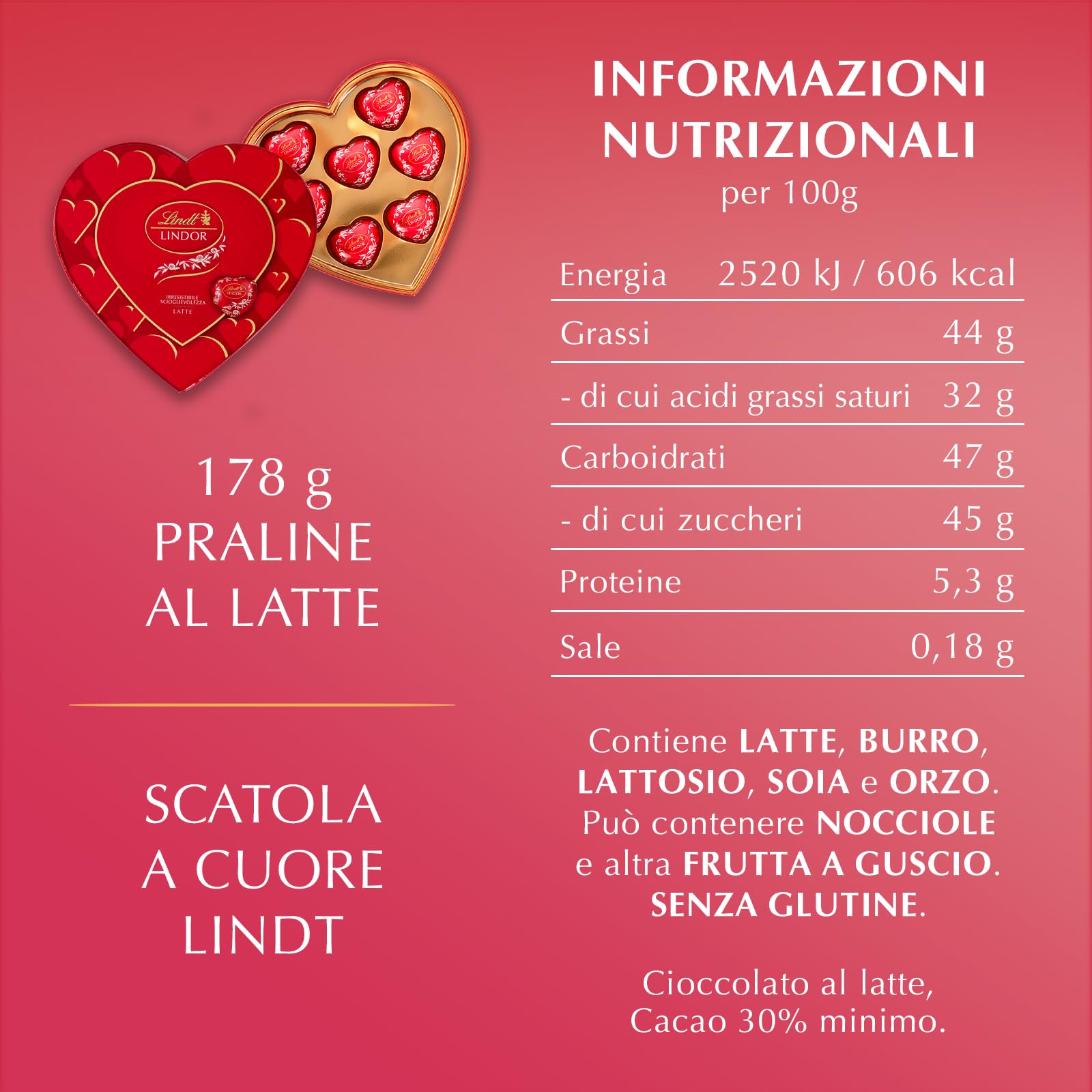 Lindt & Sprüngli San Valentino Scatola Regalo Cioccolatini Lindor a Forma di Cuore al Cioccolato al Latte, 178g
