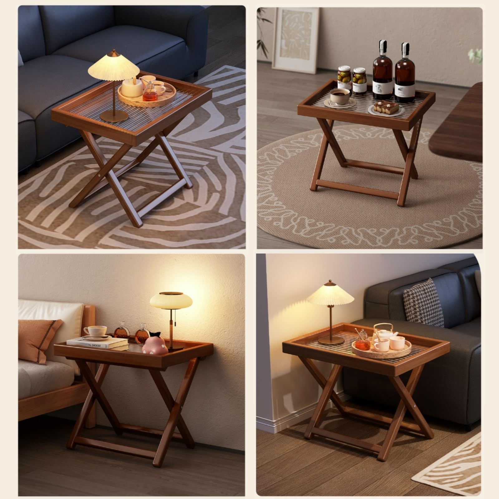 Tavolino Pieghevole,Tavolino Vassoio Struttura X Bambù,Piano Rimovibile | Comodino Pieghevole Compattico,Facile Riporre Spazi Ridotti,per Divano,Comodino(Bamboo Tabletop)