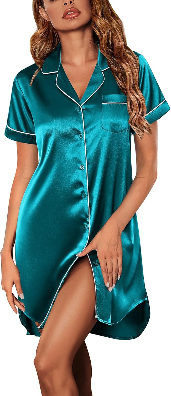 Ekouaer Women's Satin Nightshirt Button Down Sleepshirt Silk Short Sleeve Nightgown Boyfriend Notch Collar Sleepwear