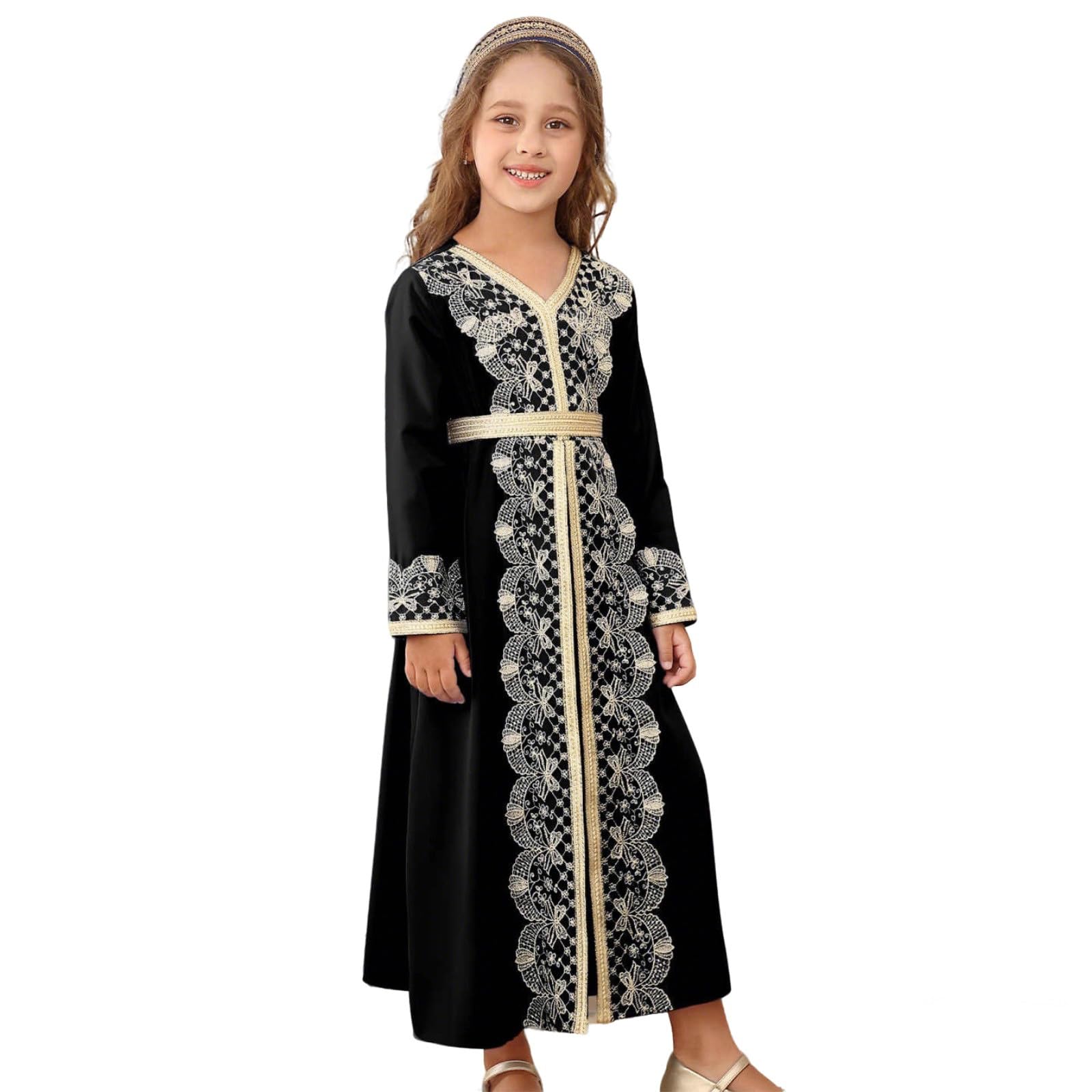 Elegante Vestido Abaya Bordado para niñas, Vestido de Fiesta de Manga Larga con Ribete de Encaje, de Punto piqué, Cintura elástica y Volantes, Ideal para cumpleaños, Verano Estilo Casual