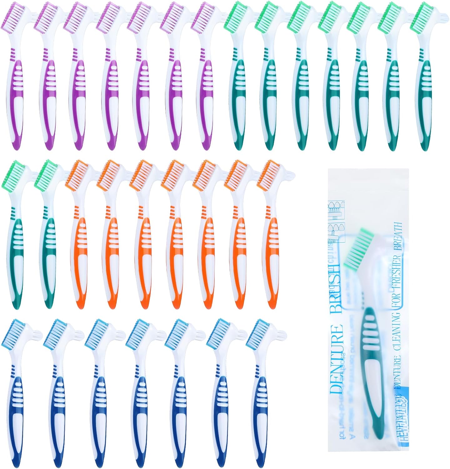 DIVINA VITAE 30Pcs Denture Toothbrush Multi-Layered Soft Bristles Denture Cleaning Brush Bulk Denture Brush with No-Slip Handle for False Teeth, Dental Devices, Mouth Guard(4 Colors)