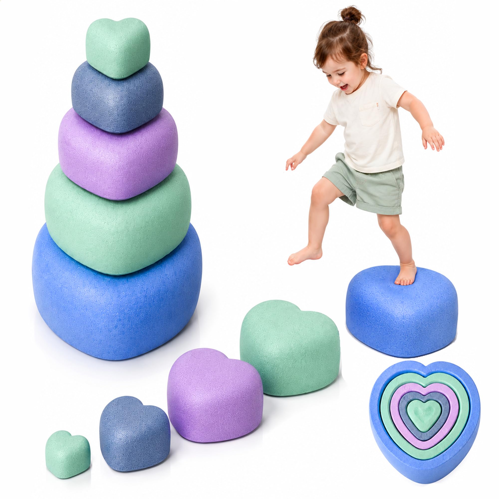 Sensorische Balanciersteine für Kinder 5er Set – Herzförmige | Bis 100 kg belastbar,Anti-Rutsch Oberfläche,Ineinander stapelbar,In & Outdoor