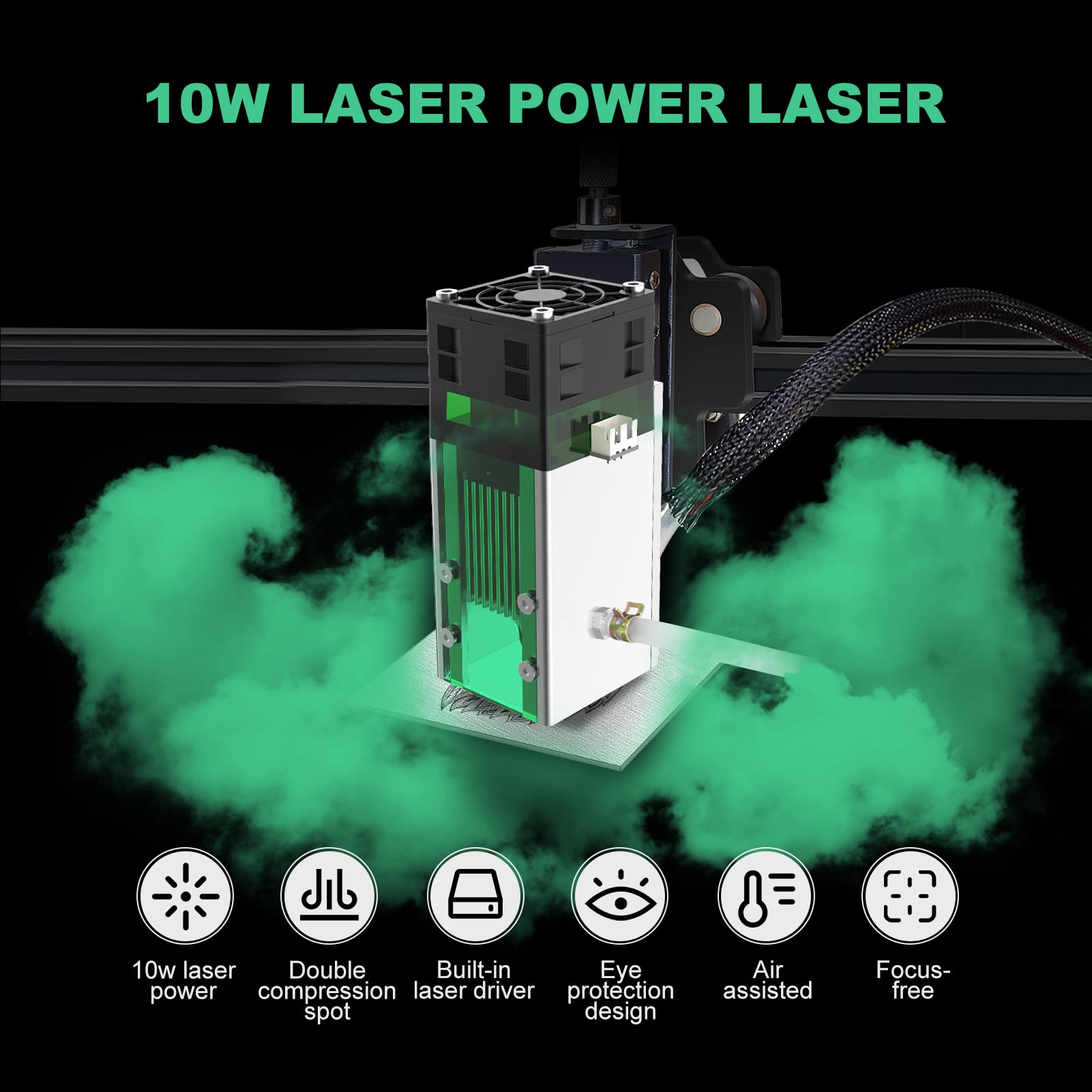 Twotrees 10W Lasermodul für Lasergravur, Hochpräziser Fixfokus Laserkopf mit Schutzhaube & Luftführung, 1200°C Sintertemperatur für CNC Holzschneiden & Metallgravur, Kompatibel mit S9/A5 Pro