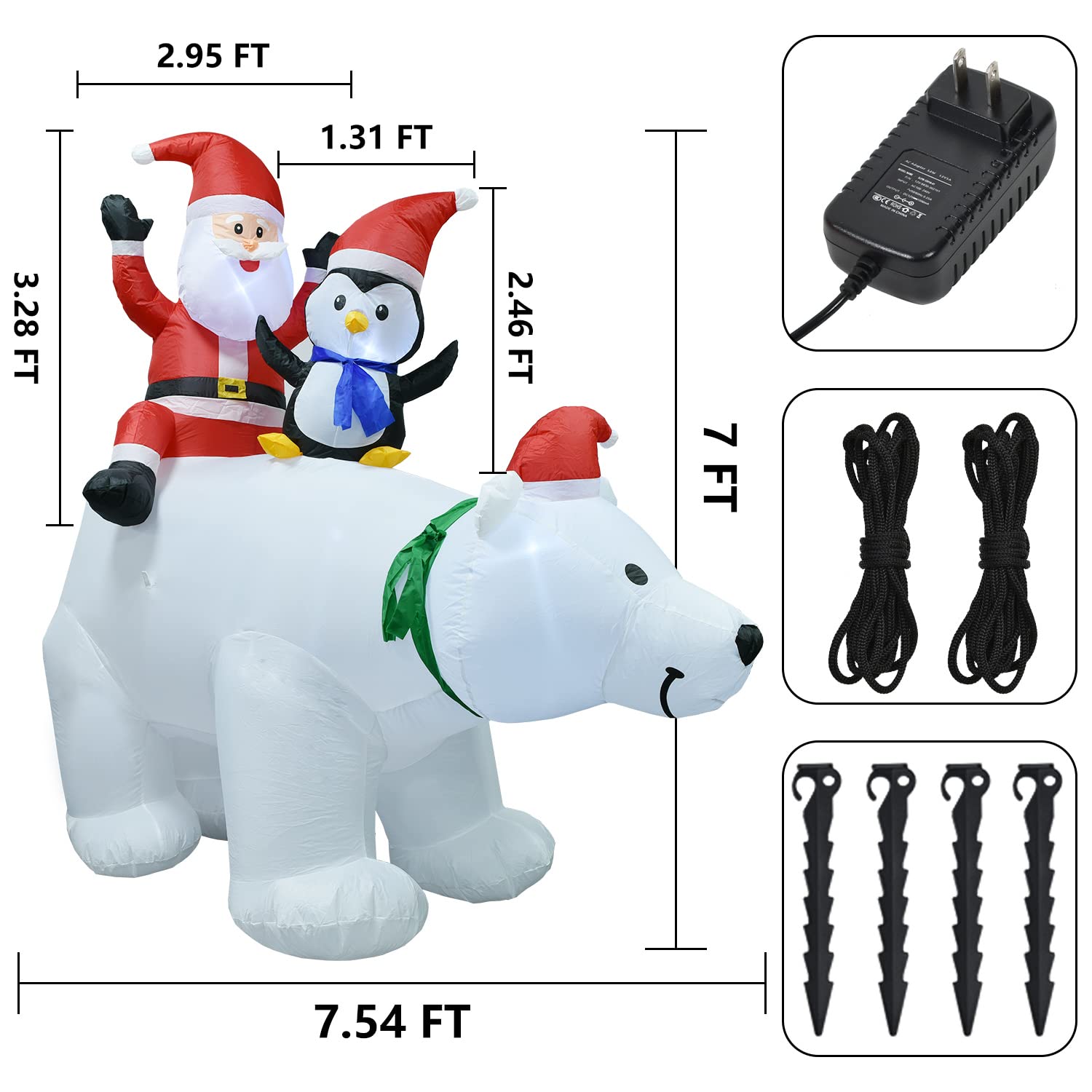 Oso polar de muñeco de nieve inflable iluminado de 8 pies, muñeco de nieve soplado con sombrero y luces LED multicolor integradas para decoración de fiestas de Navidad, patio o jardín