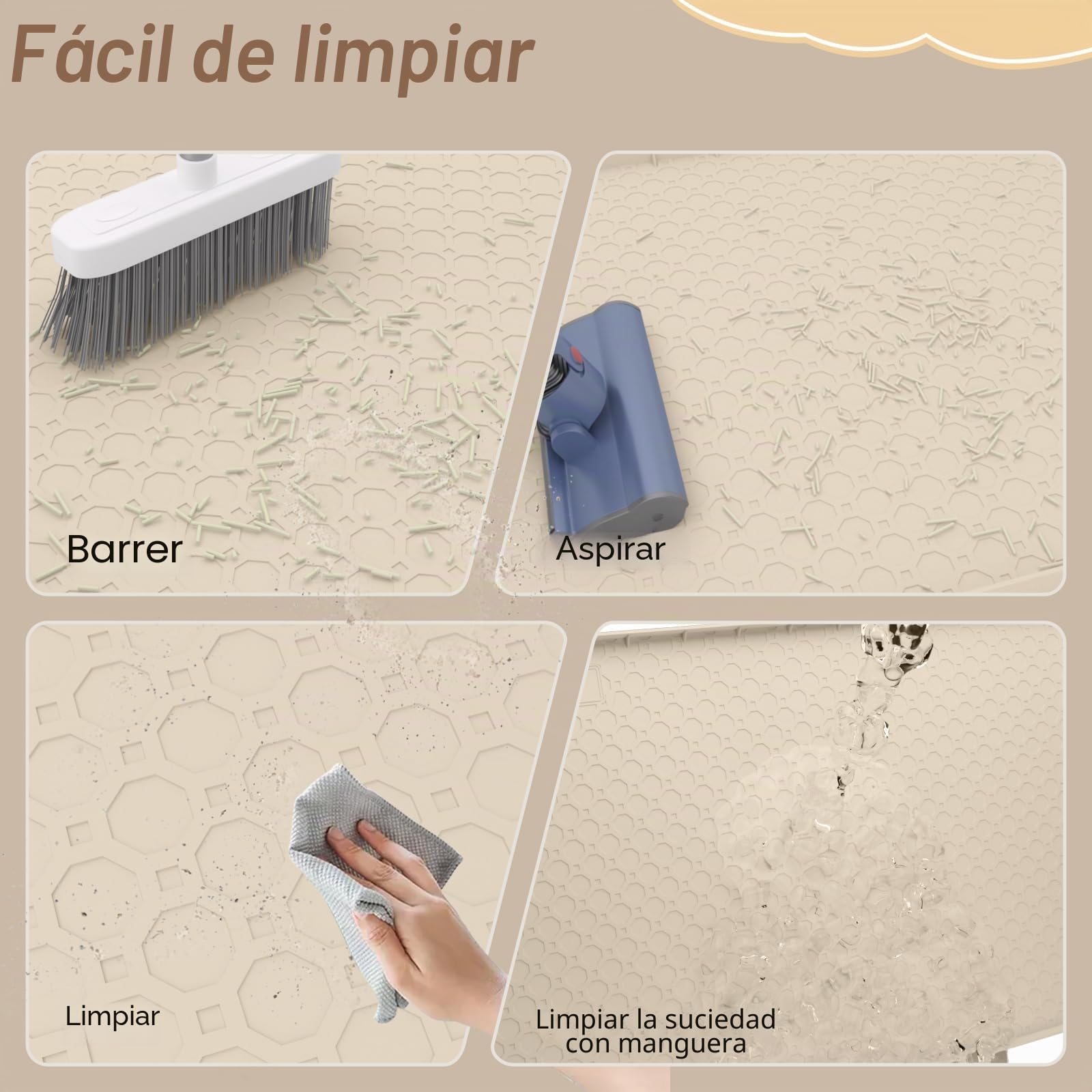 Alfombra Arenero Gato Silicona Impermeable Bordes Elevados 86x56cm, Alfombra Gatos Arenero Grande Antideslizante, y Alfombrilla Arenero Gato Diseño Panal Fácil Limpiar, Beige