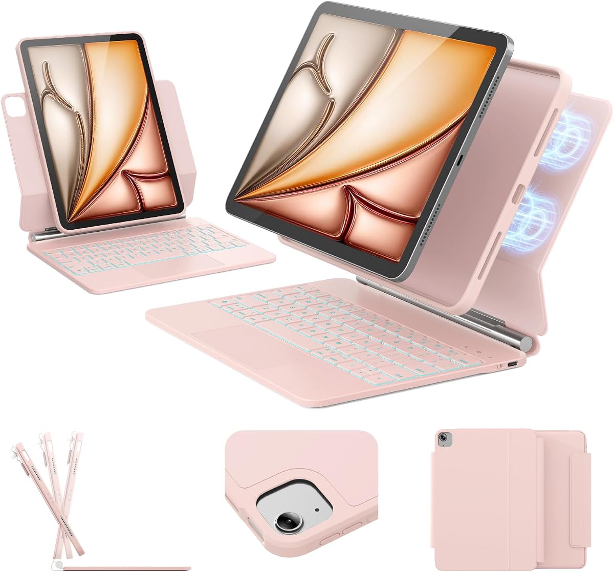 Funda para iPad Air de 11 pulgadas con teclado (M3/M2, 2025/2024), teclado para iPad Pro de 11" (1/2/3/4.ª generación) y Air 4/5, modo vertical/paisaje, retroiluminación de 11 colores, funda protectora extraíble, rosa