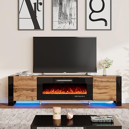 VanAcc 70" Fireplace TV Stand with 36" Electric Fireplace, High Gloss Entertainment Center with LED Lights, Modern Entertainment Stand for TVs up to 80", Rustic Oak&Black