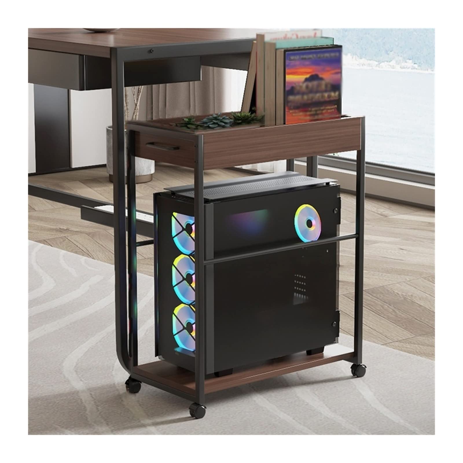 Supporto A Torre Per Computer, Carrello Per Suppor Supporto a torre for PC desktop a 2 livelli con spazio di archiviazione, supporto for custodia for PC portatile, robusto telaio in acciaio, supporto