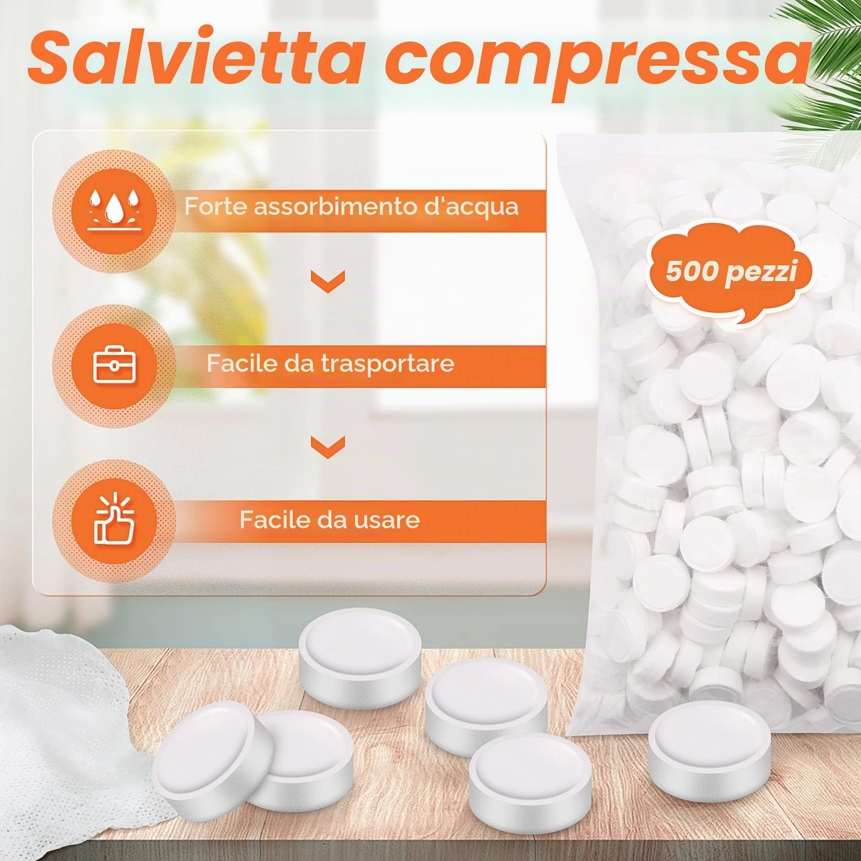 500 asciugamani compressi, 100% biodegradabili usa e getta, mini assorbenti per la casa, bellezza, , sport all'aria aperta