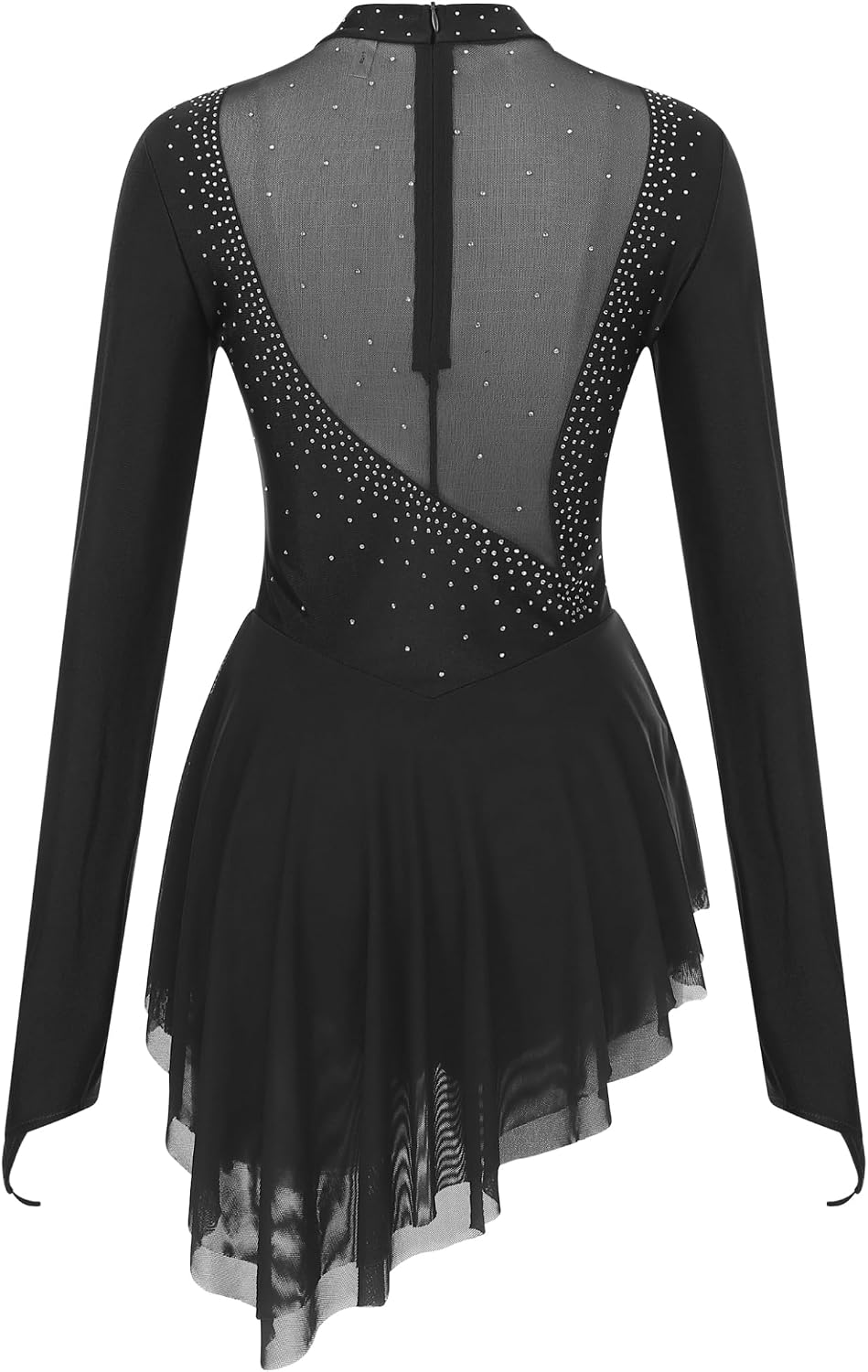 Winnrchan Women's Glittery Long Sleeve Figure Ice Skating Dress Irregular Hem Roller Skating Dance Leotard Dress