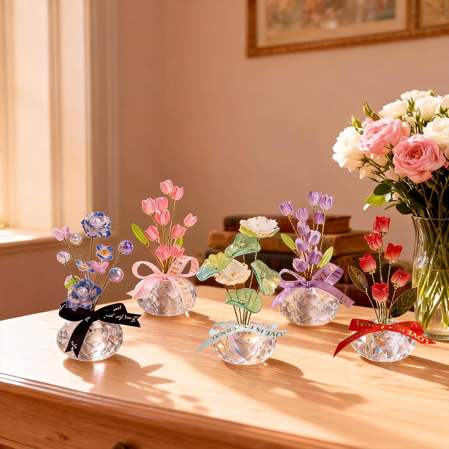 Crystal Flower Figurine - Handmade Mini Flower Decor with Crystal Base, Plastic Artificial Petals and Adjustable Wire, Cute Floral Ornament for Home/Office/Car, Ideal Gift for Women(Pink Tulips) - Image 8