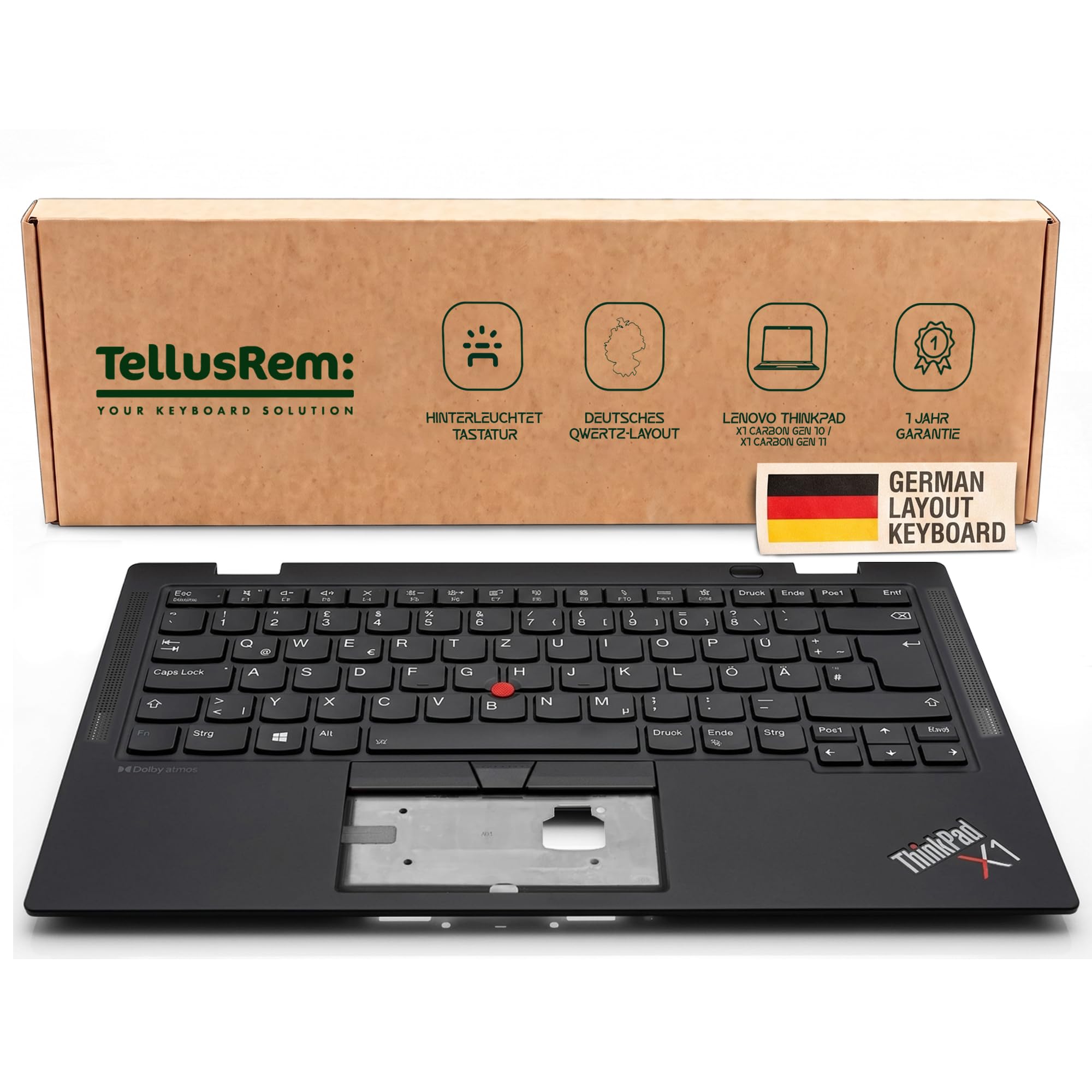 Handballenauflage mit Tastatur kompatibel mit Lenovo ThinkPad X1 Carbon Gen 10 / X1 Carbon Gen 11 - Deutsches QWERTZ-Layout, beleuchtet, TrackPoint, schwarz