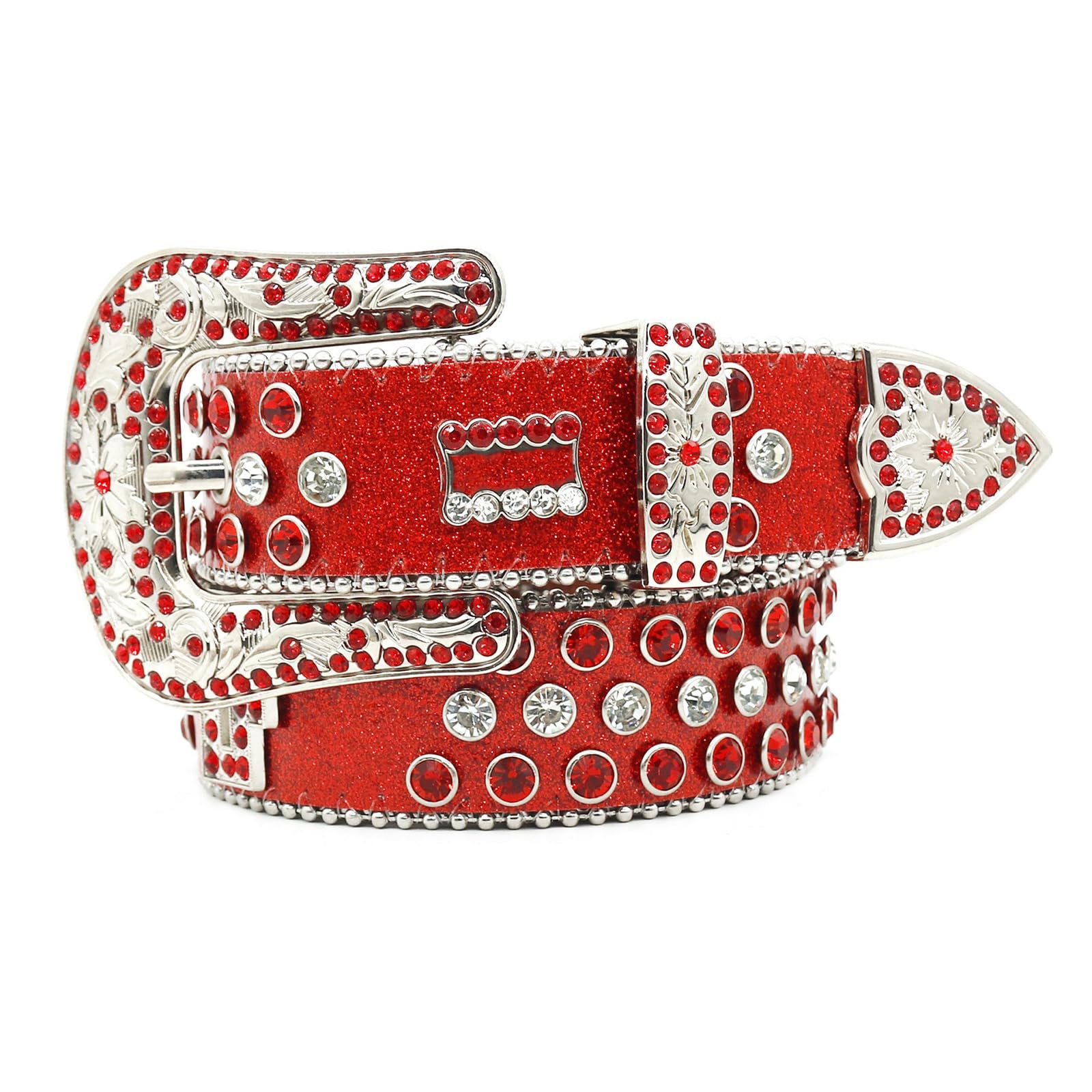 OBASDFD Women Rhinestones Leather Belt, Western Belts For Women Men Cowboy, Bling Cowgirl Designer Diamond Studded Belts For Jeans(Red,105CM/41.4'')