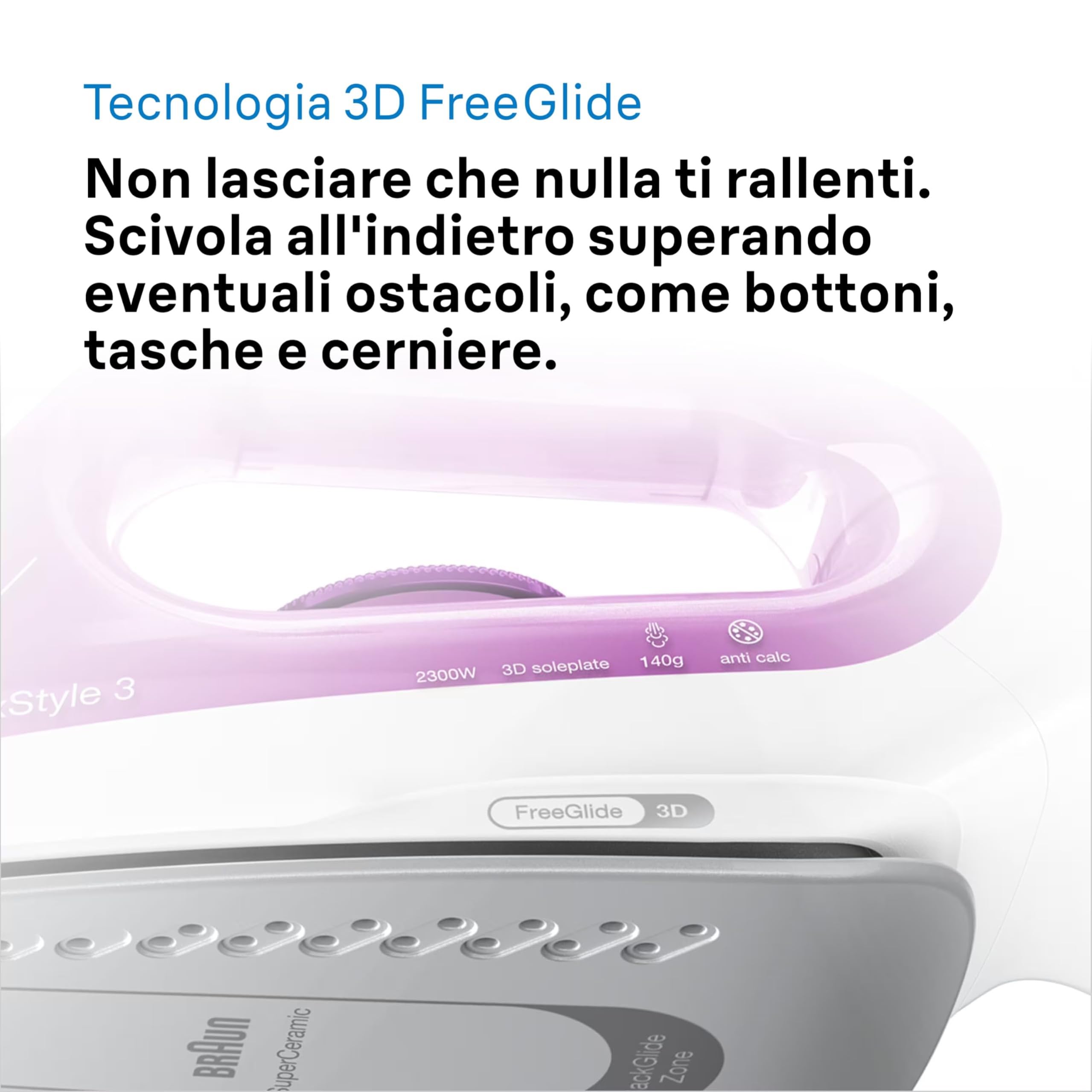Braun TexStyle3 SI3030PU Ferro da Stiro a Vapore con 5 Anni di Assistenza, Piastra in Ceramica, Stiratura in Verticale, Punta di Precisione, Getto di Vapore 140g/min, Potenza 2300watt, Rosa Chiaro