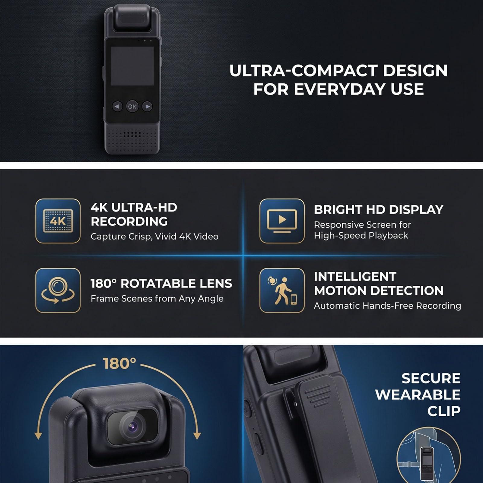 Fotocamera Indossabile 4K, Obiettivo Rotante a 180°, Rilevamento del Movimento, Action Cam Indossabile, Videoregistratore Portatile con WiFi e Display TFT per Vlogging, (128GB)
