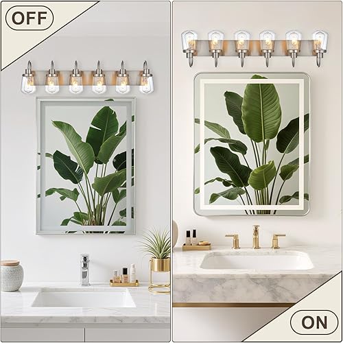 Miniatura 6 de YAOHONG Lámparas de tocador de baño en níquel satinado, 6 luces de tocador de granja con pantallas de vidrio transparente, accesorios de iluminación