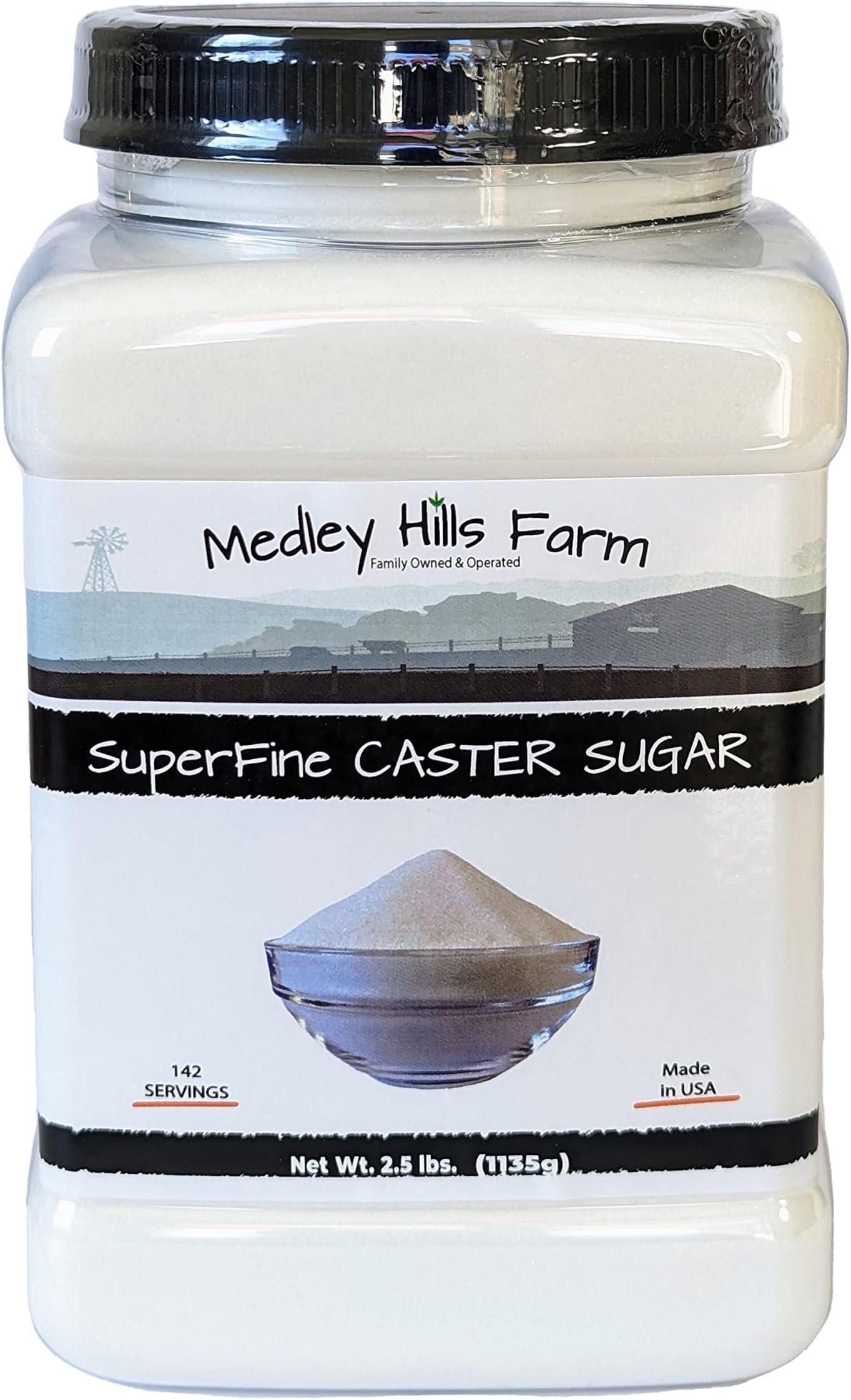 Superfine Caster Sugar By Medley Hills Farm in Reusable Container 2.5 lbs. - superfine sugar for baking of homemade treats, icing sugar, cakes - Product of USA