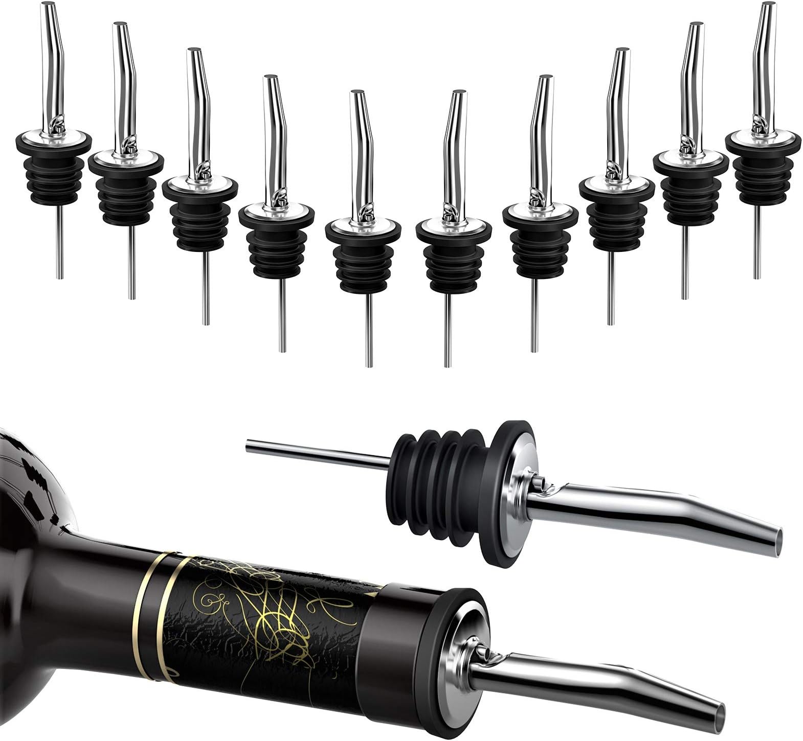 FAPPEN Bottle Pourers for Spirits, 12Pcs Stainless Steel Freeflow Liquor Spirits Pourer Speed Pourer Wine Bottle Spirits Pourers Tapered Spout for Olive Oil Coffee Syrup Vinegar Bottles (Silver)