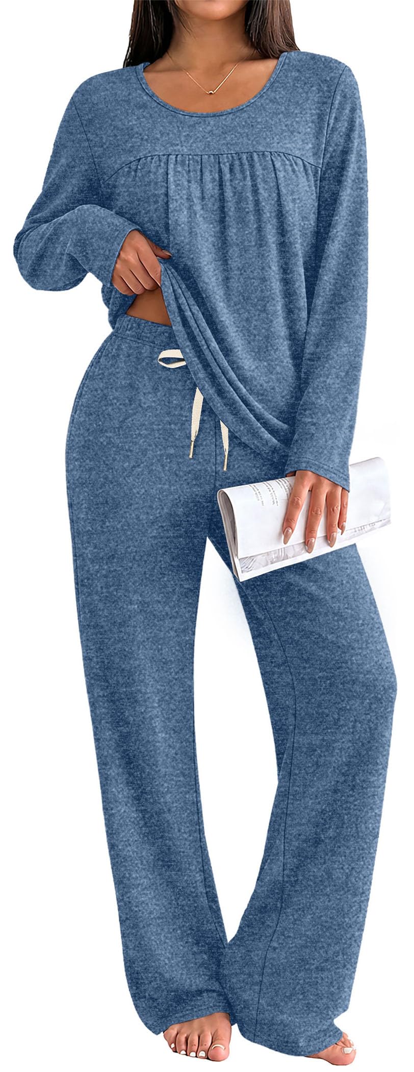 OFEEFAN Pajamas Sets for Women Two Piece Lounge Outfits with Pockets S-2XL | Fall Outfits for Women,Curved Hem Tops and Long Pants with Pockets Drawstring,Casual Lightweight,Cozy,Fashion Clothing