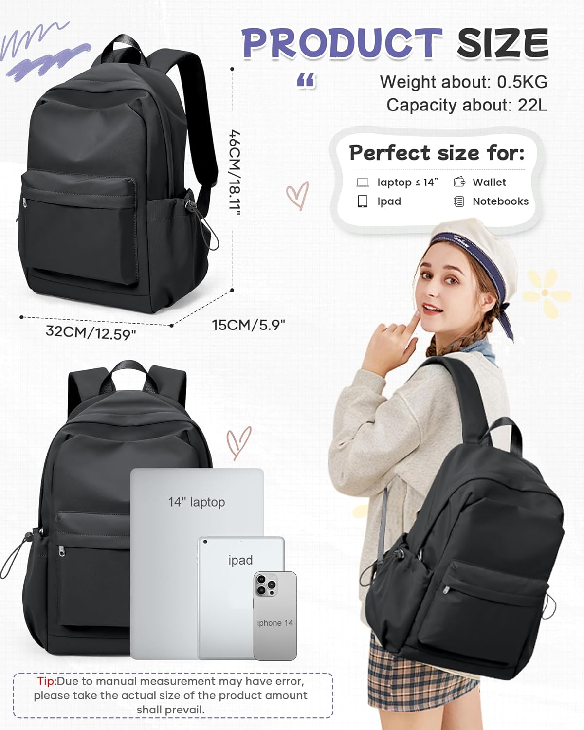 Small Black Backpack for School, High School Book Bag Back Pack for Teens Girls Boys, Lightweight College Backpack Bookbag for Women Men, Simple Casual Daypack Mochilas Escolares para Adolescentes - Image 3