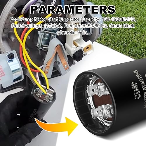 Miniatura 5 de Condensador de arranque de motor de bomba de piscina 5060Hz para Hayward Super Pump. Bombas Max Flo 0.75 HP, 1.0 HP, 1.5 HP. Utilizado en motores de