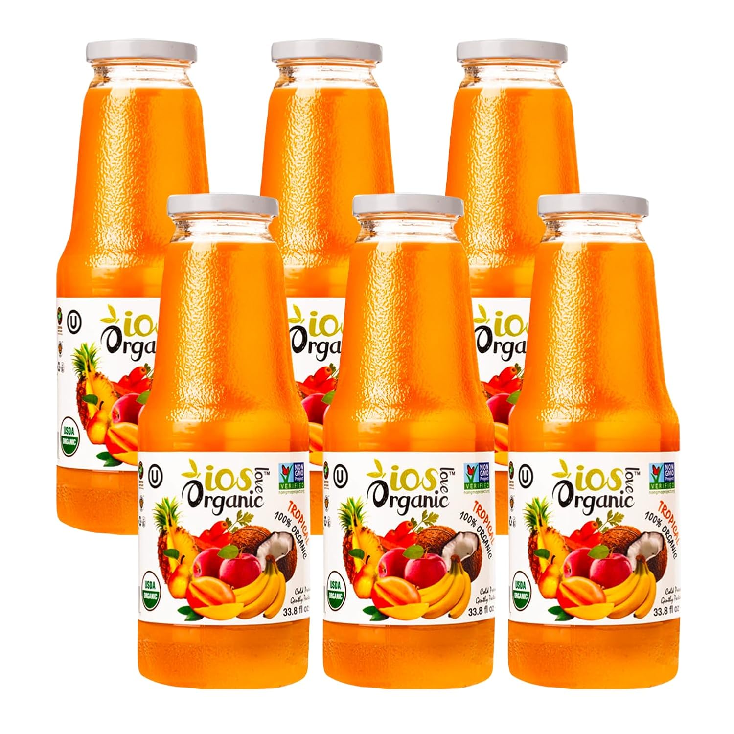 IOS Love Organic Juice - USDA Organic Certified - Cold Pressed, No Added Sugar, No Water, No Artificial Colors, No Preservatives, No Flavors Added, No Gluten - 33.8 Fl Oz (Tropical, Pack of 6)