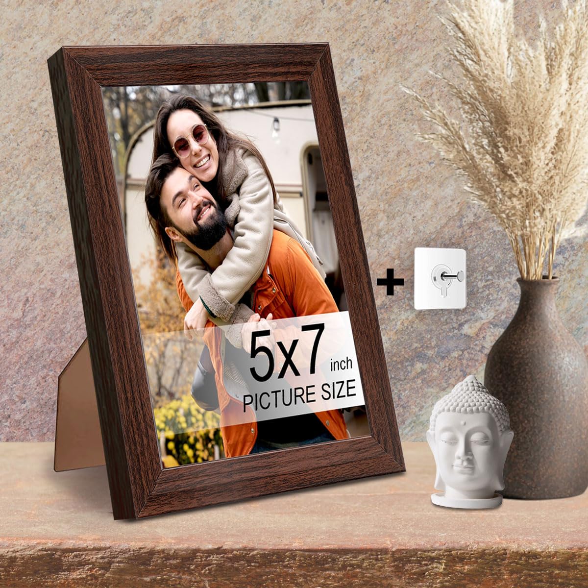 Photo Frame with Self Adhesive Hook | Home, Office Wall/Table Decor | Durable Wooden Frame with Unbreakable Plexi Glass (Wood Dark, 5x7)-image-17