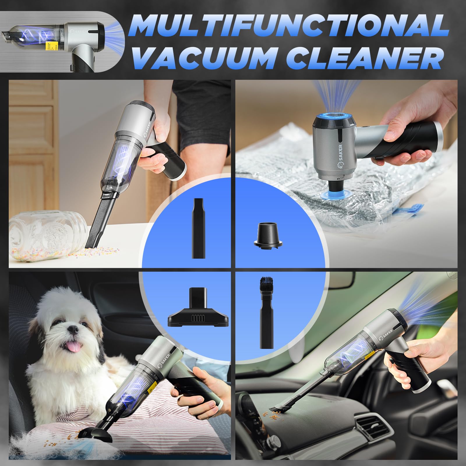 Saker Handheld Car Vacuum Portable Cordless17000PA Mini Vacuums Rechargeable Foldable Vacuum Cleaner with Brushless Motor for Home Office — view 7