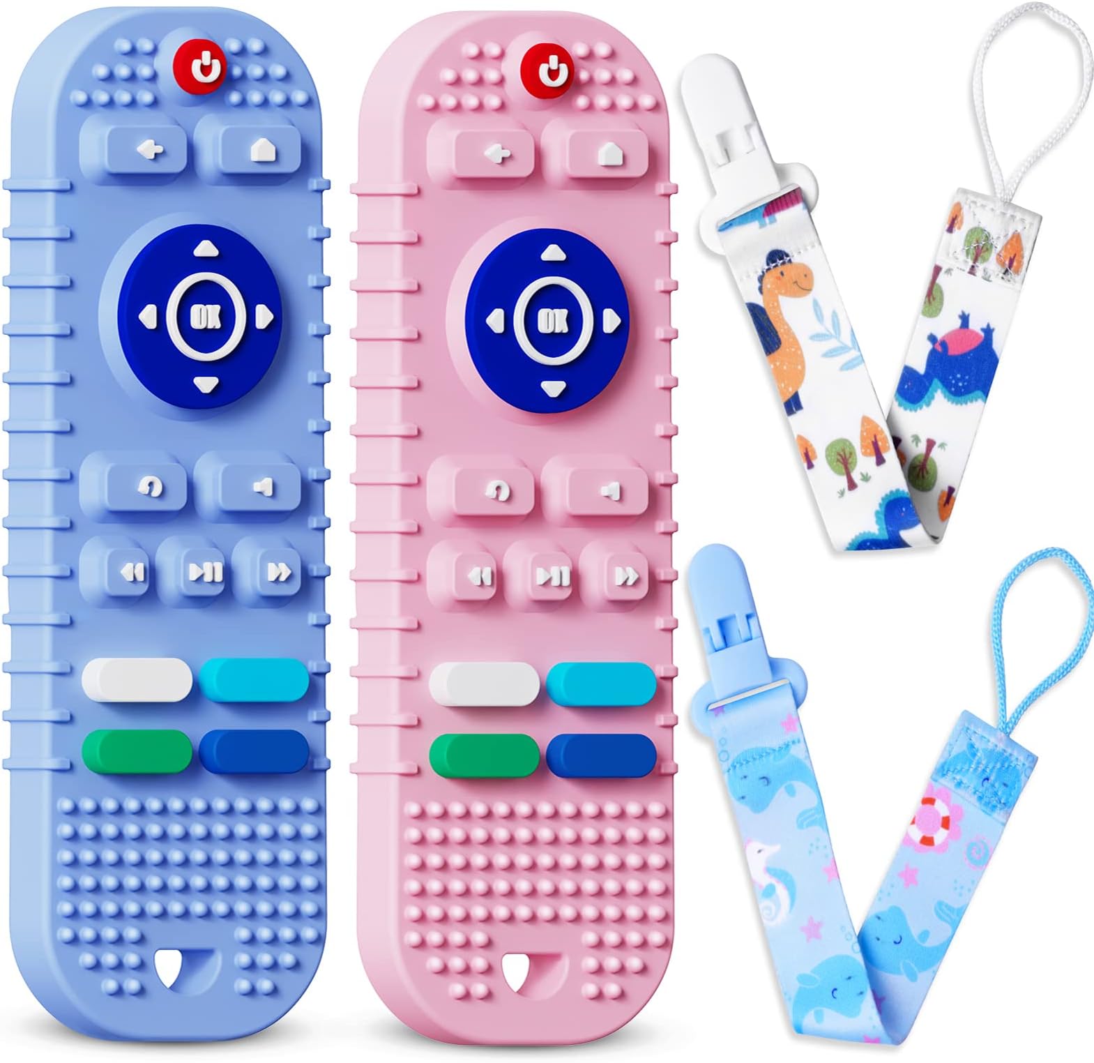 2 Pack Silicone Baby Teething Toys, Remote Control Shape Teething Toys for Babies 6-12 Months, BPA Free Baby Teethers Relief Soothe Toys, Baby Chewing Toys for Toddlers - Pink & Blue