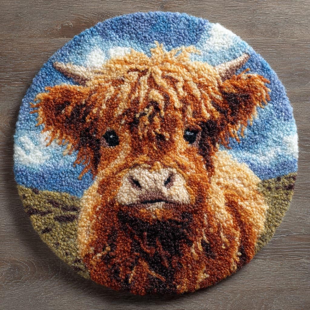 AMBATTERY Round Shape Latch Hook Kits Rug,Highland Cattle